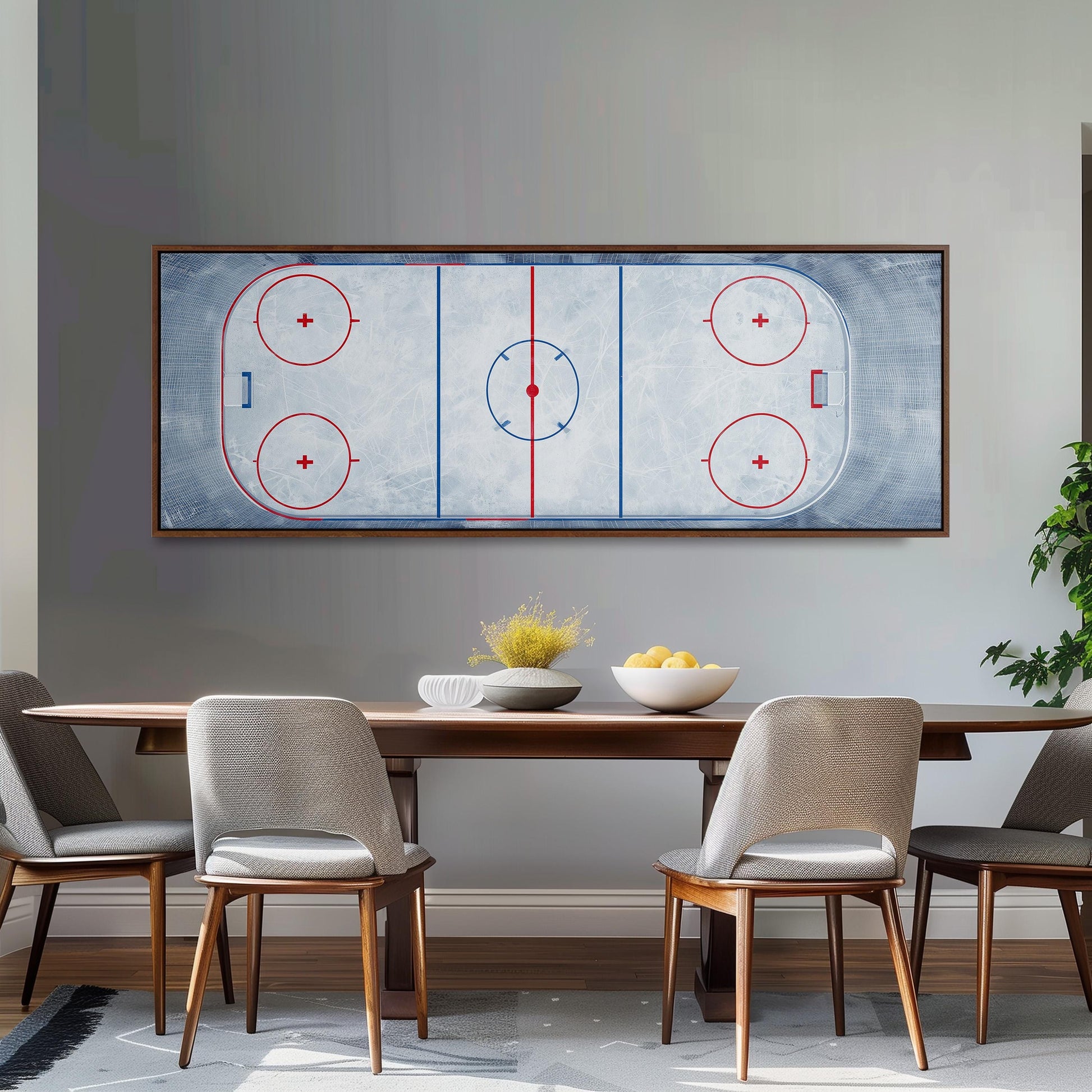 a dining room with a large framed hockey rink artwork hanging on the wall above a wooden dining table with four chairs.