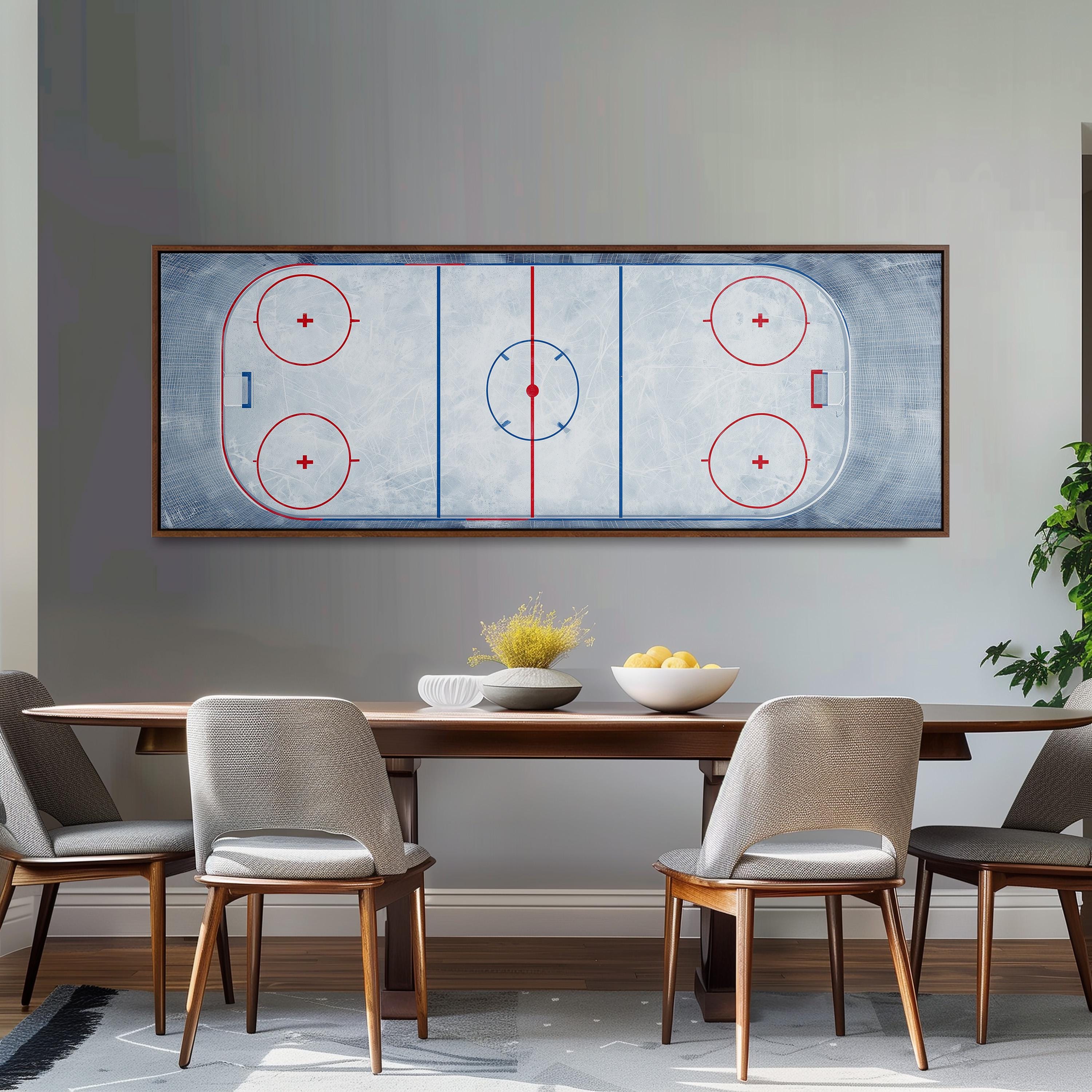 a dining room with a large framed hockey rink artwork hanging on the wall above a wooden dining table with four chairs.