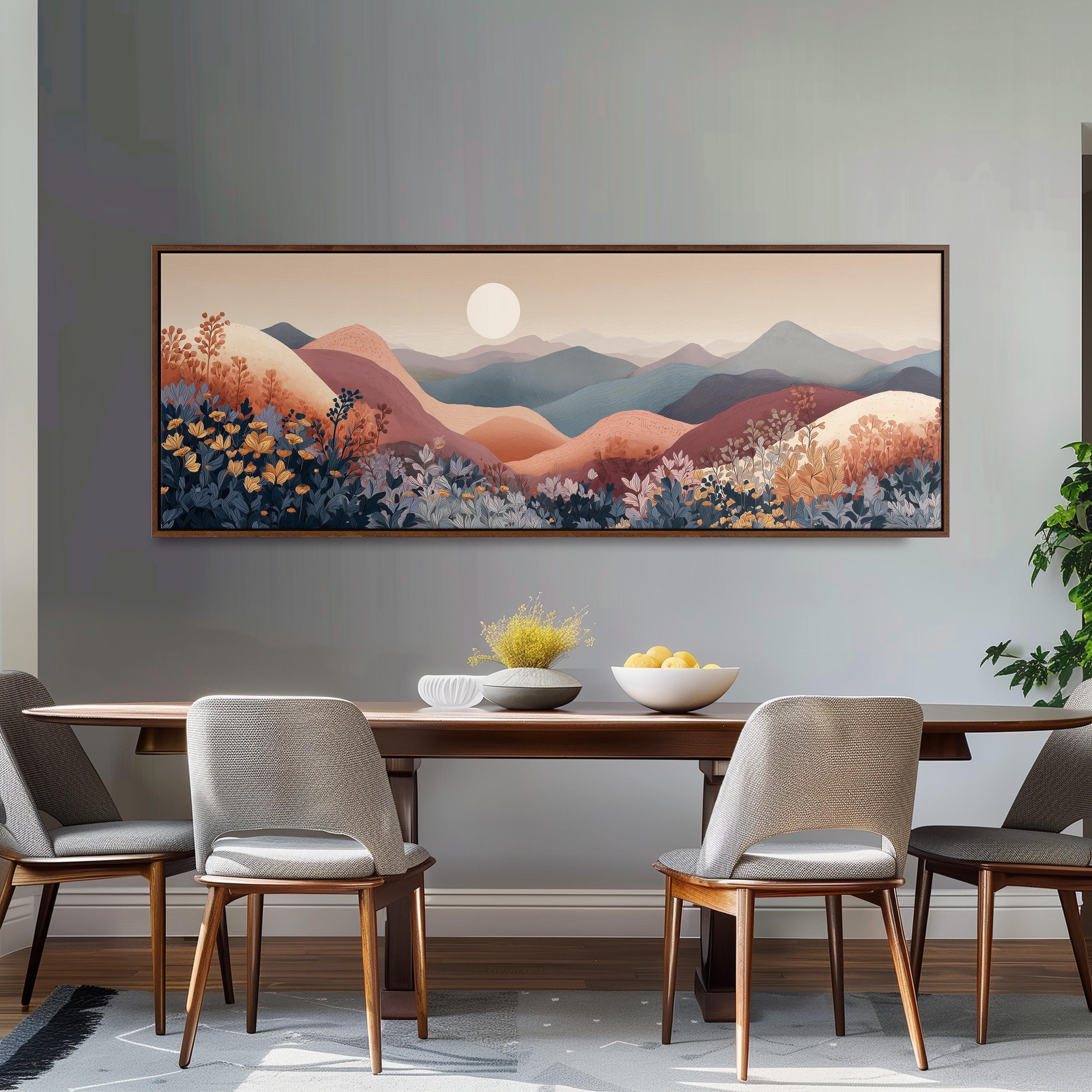 a dining room with a large painting of a mountain landscape hanging on the wall above a wooden dining table with four chairs. The painting depicts a serene mountain scene with a full moon and colorful flowers.