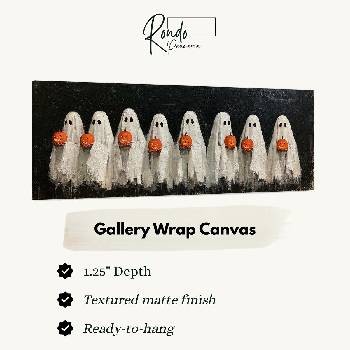 Crowd of huddled ghosts with pumpkins gallery wrap canvas with the image wrapped around the edges