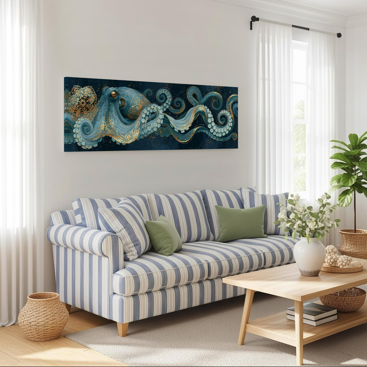Blue and gold octopus long horizontal canvas print above a striped sofa in a coastal living room