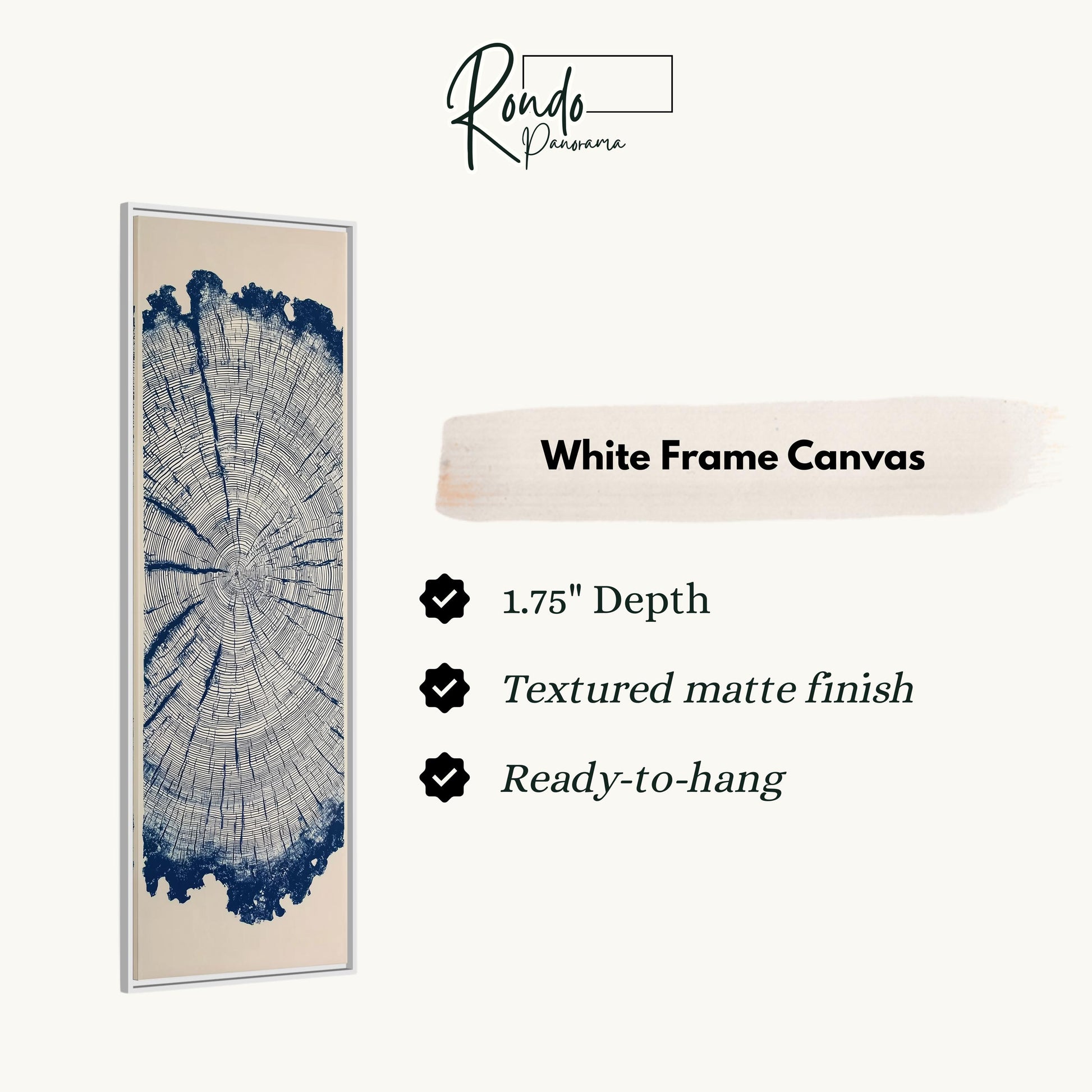 The image is a white frame canvas with a tree trunk design, and it is described as a 1.75" depth, textured matte finish, and ready-to-hang.