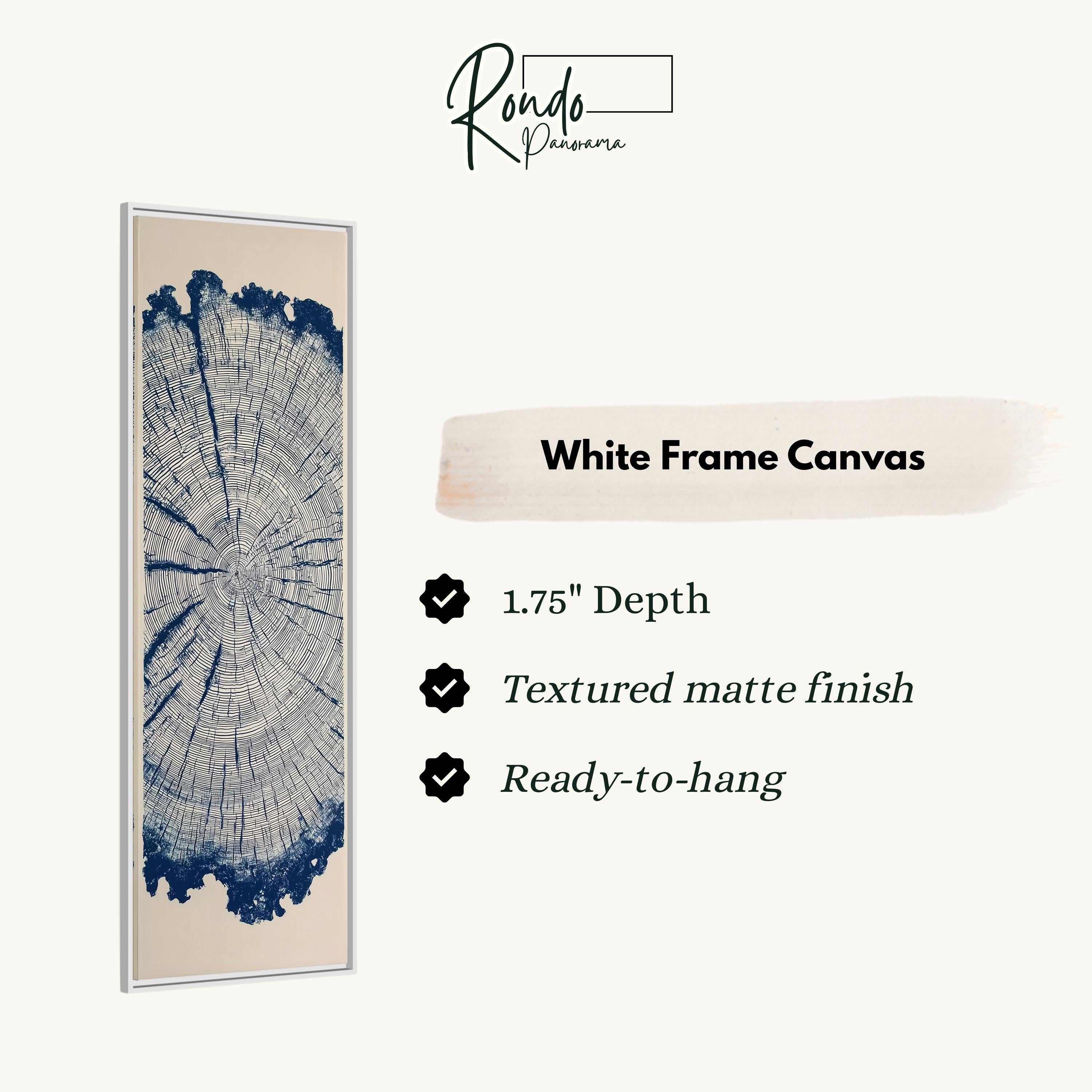 The image is a white frame canvas with a tree trunk design, and it is described as a 1.75" depth, textured matte finish, and ready-to-hang.