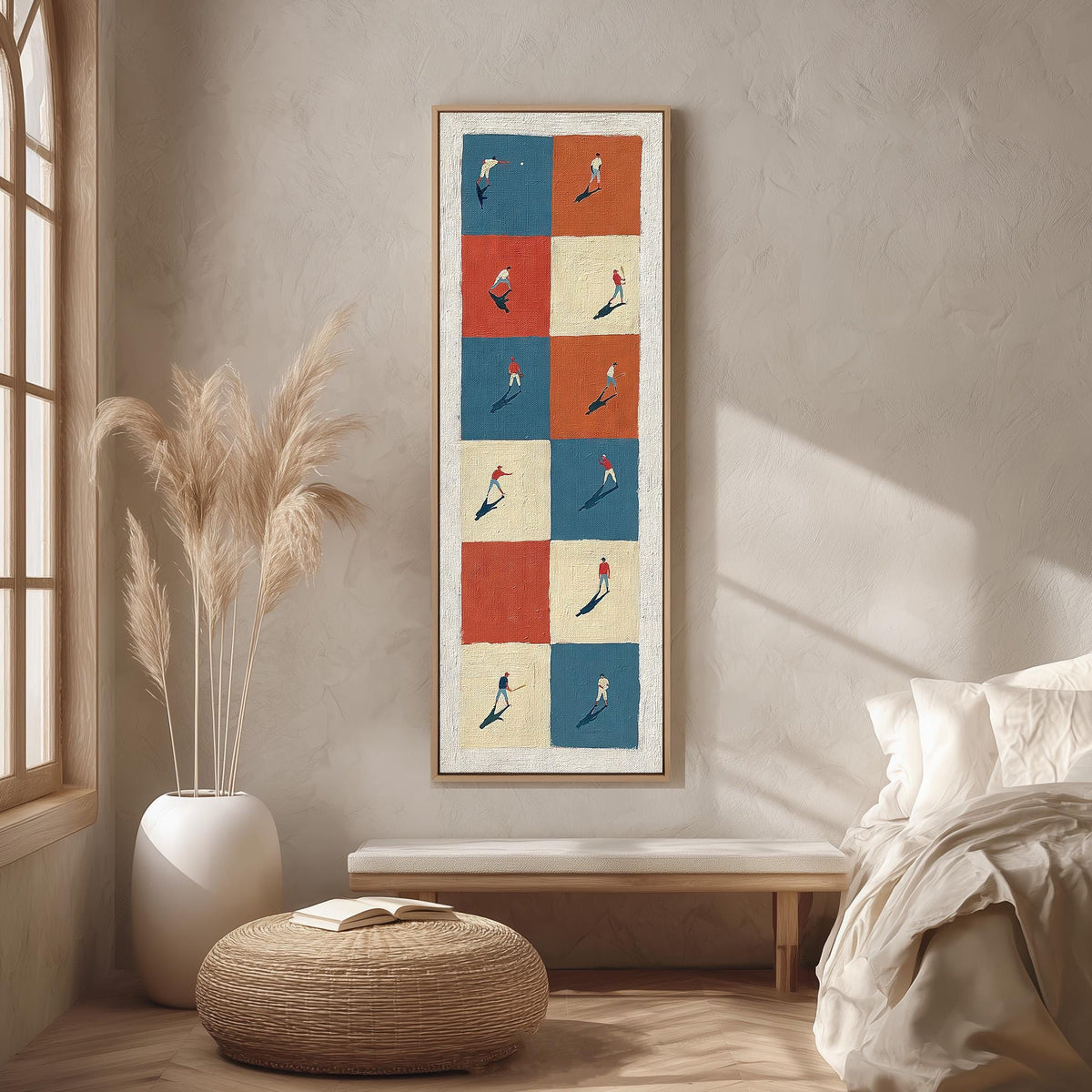 Baseball players on a color block grid long vertical canvas print in a bright reading corner