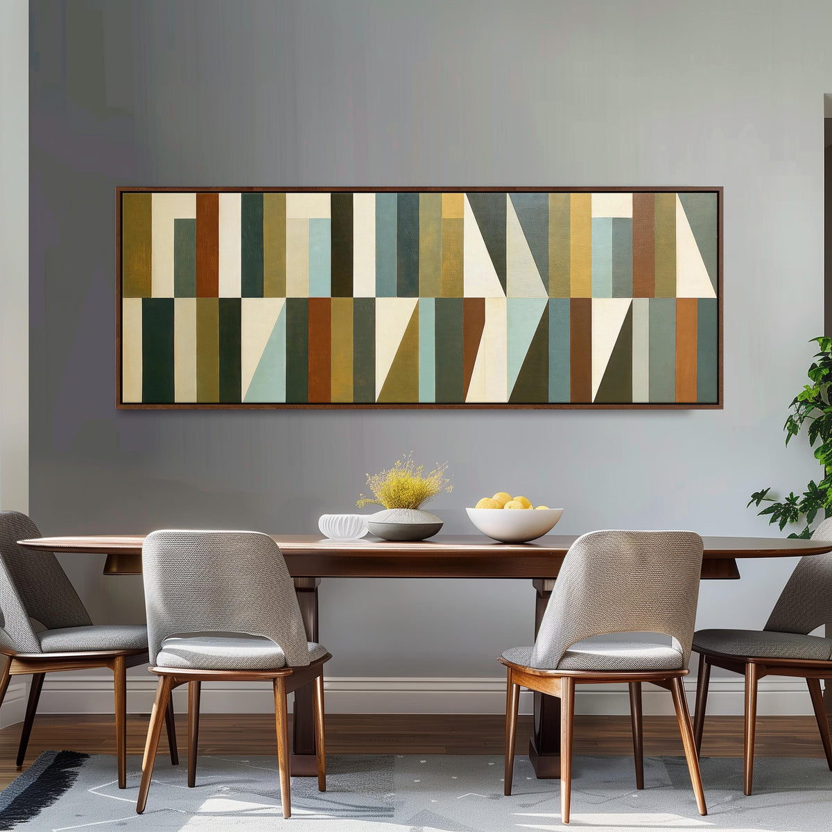 Earth tone geometric triangles long horizontal canvas print above a dining table
