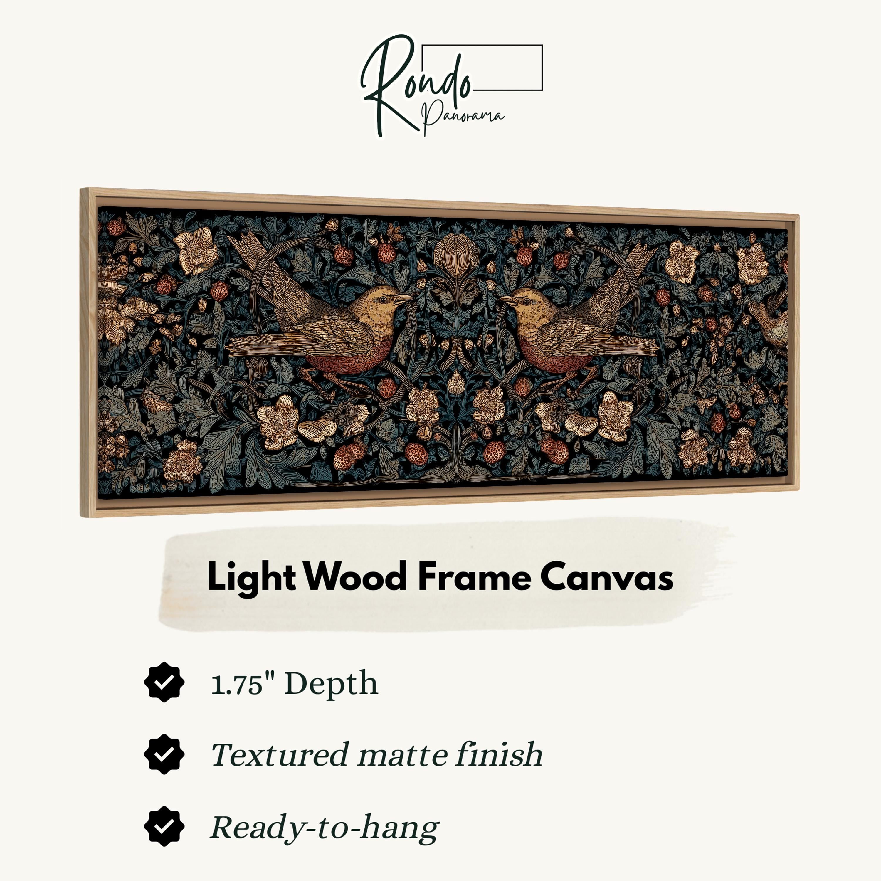 The image is a framed artwork depicting two birds in a wood frame, with a textured matte finish.