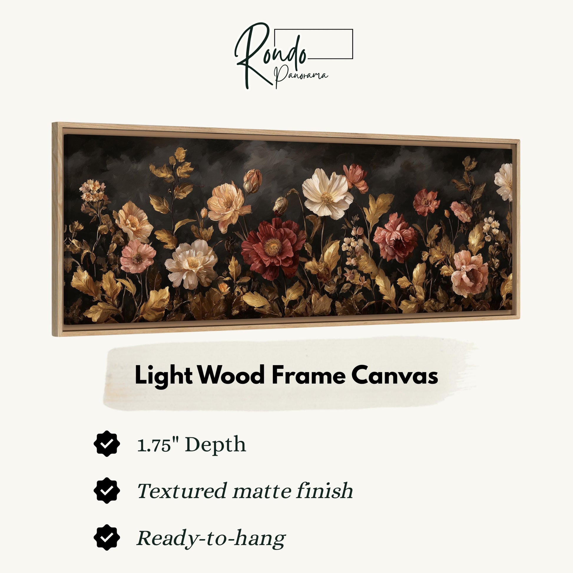 a large, light wood frame canvas with a floral design.