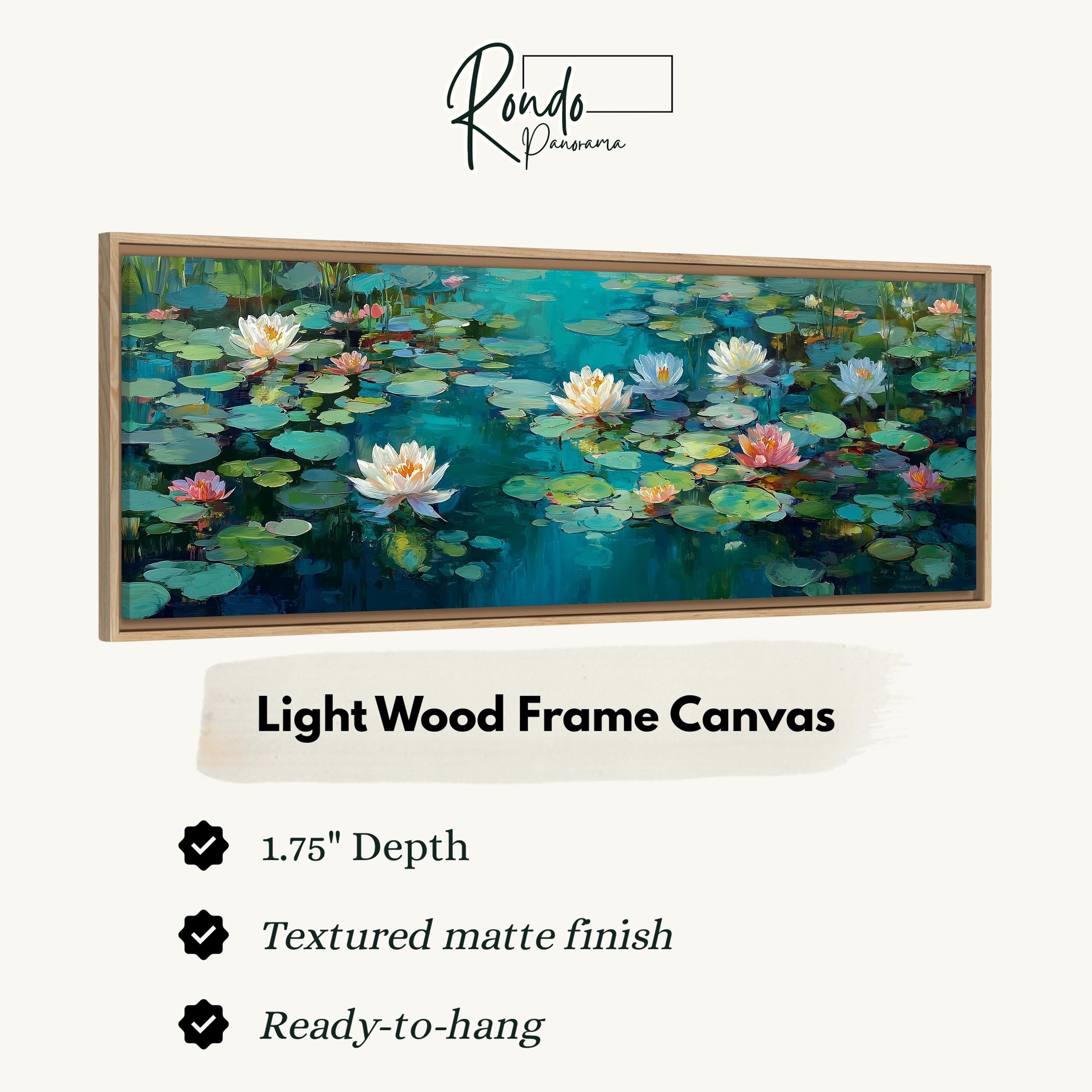 The image is a framed canvas depicting a serene water lily pond with lily pads and water lilies.