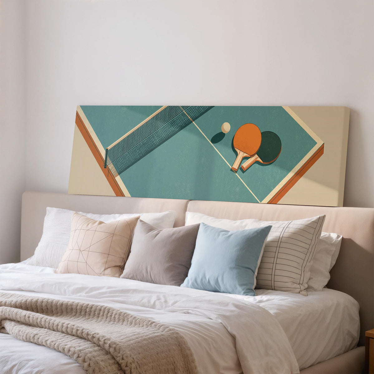 Retro ping pong table long horizontal canvas print above a wooden sideboard