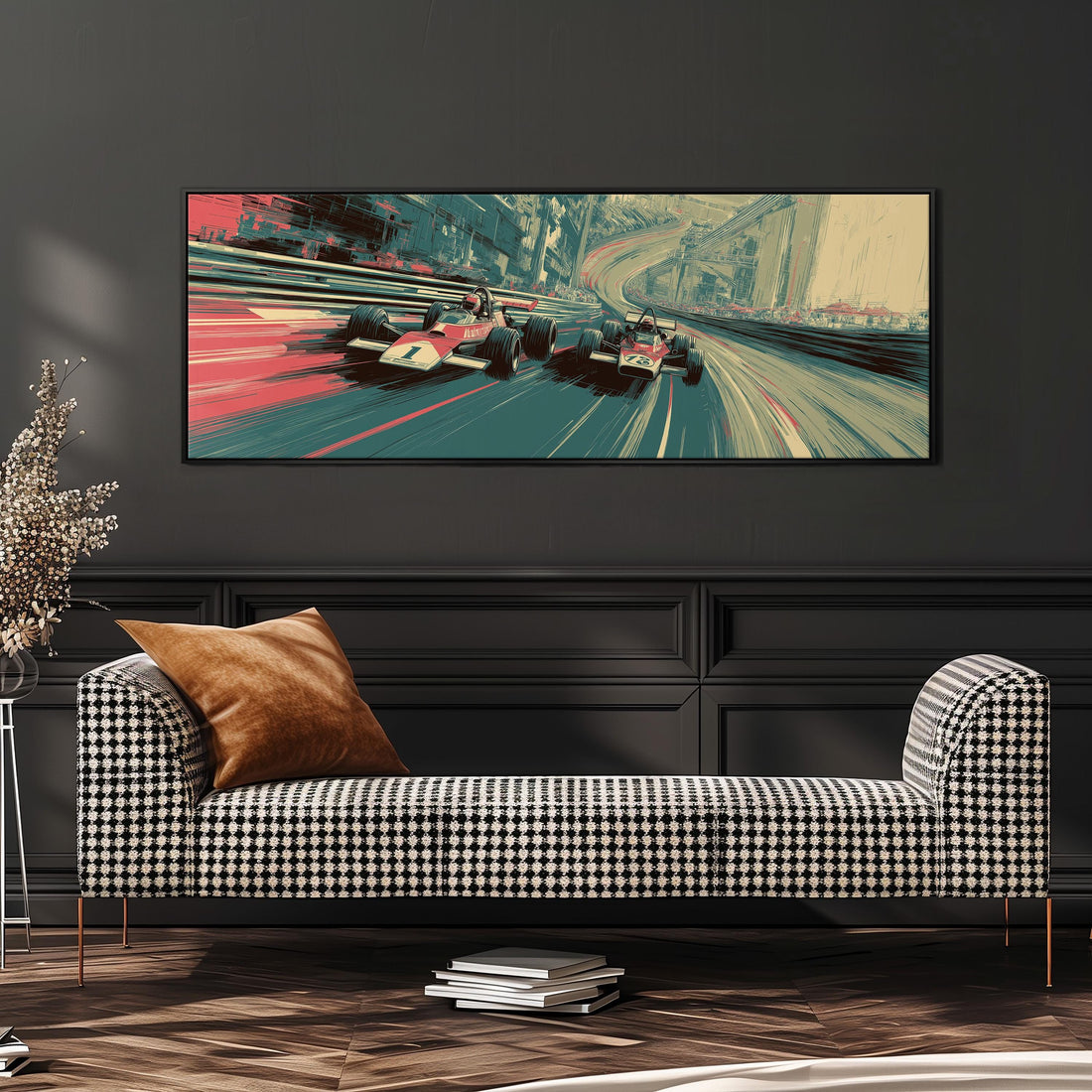 a large, colorful painting of a race car on a track, hanging on a wall above a brown sofa.
