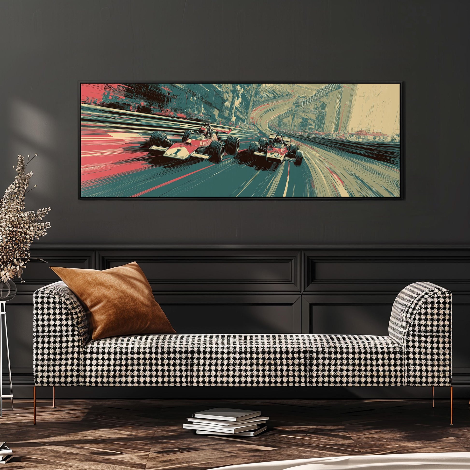 a large, colorful painting of a race car on a track, hanging on a wall above a black and white checkered sofa.