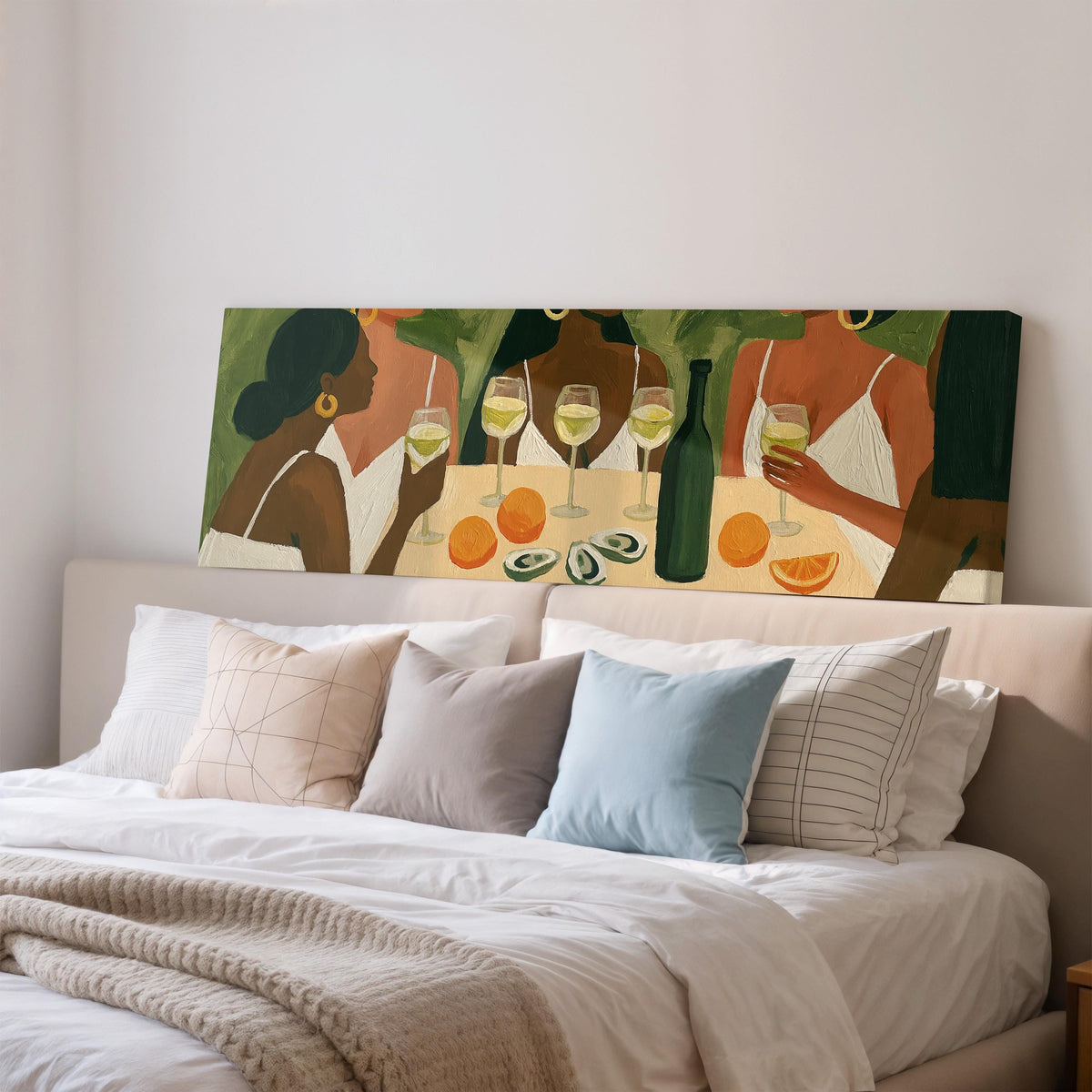 Friends toasting with white wine wide panoramic canvas print above a bed in a bedroom