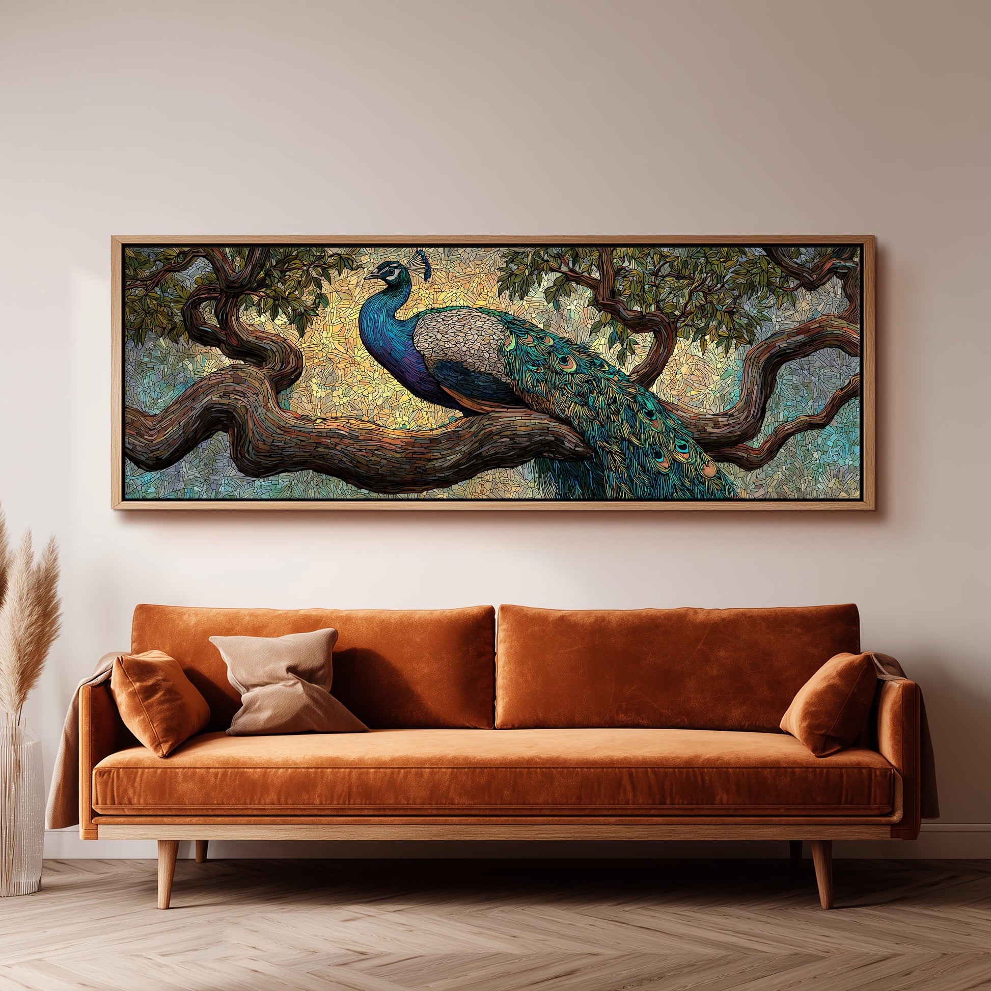 a large painting of a peacock perched on a tree branch, hanging on a wall above a brown sofa.