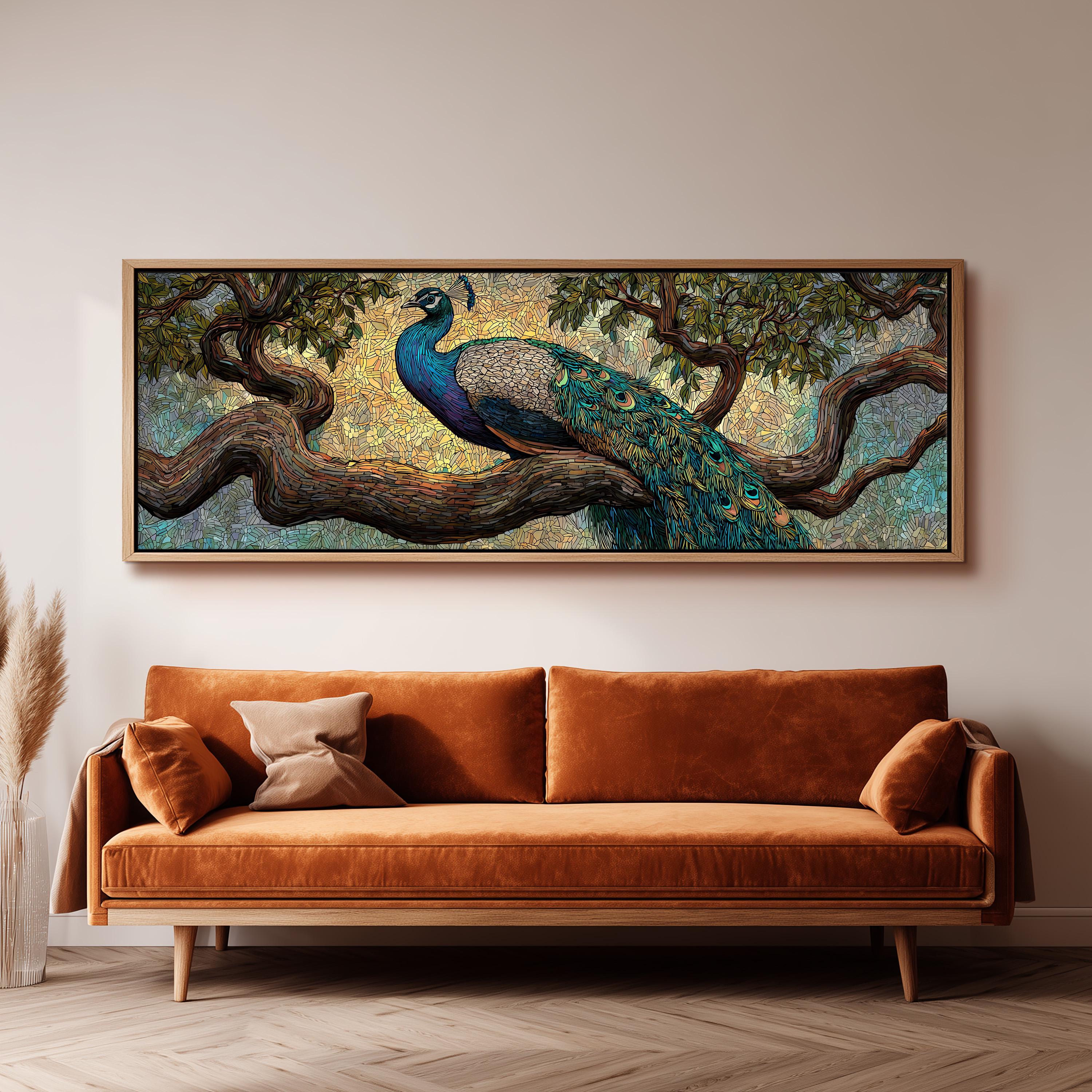 a large painting of a peacock perched on a tree branch, hanging on a wall above a brown sofa.