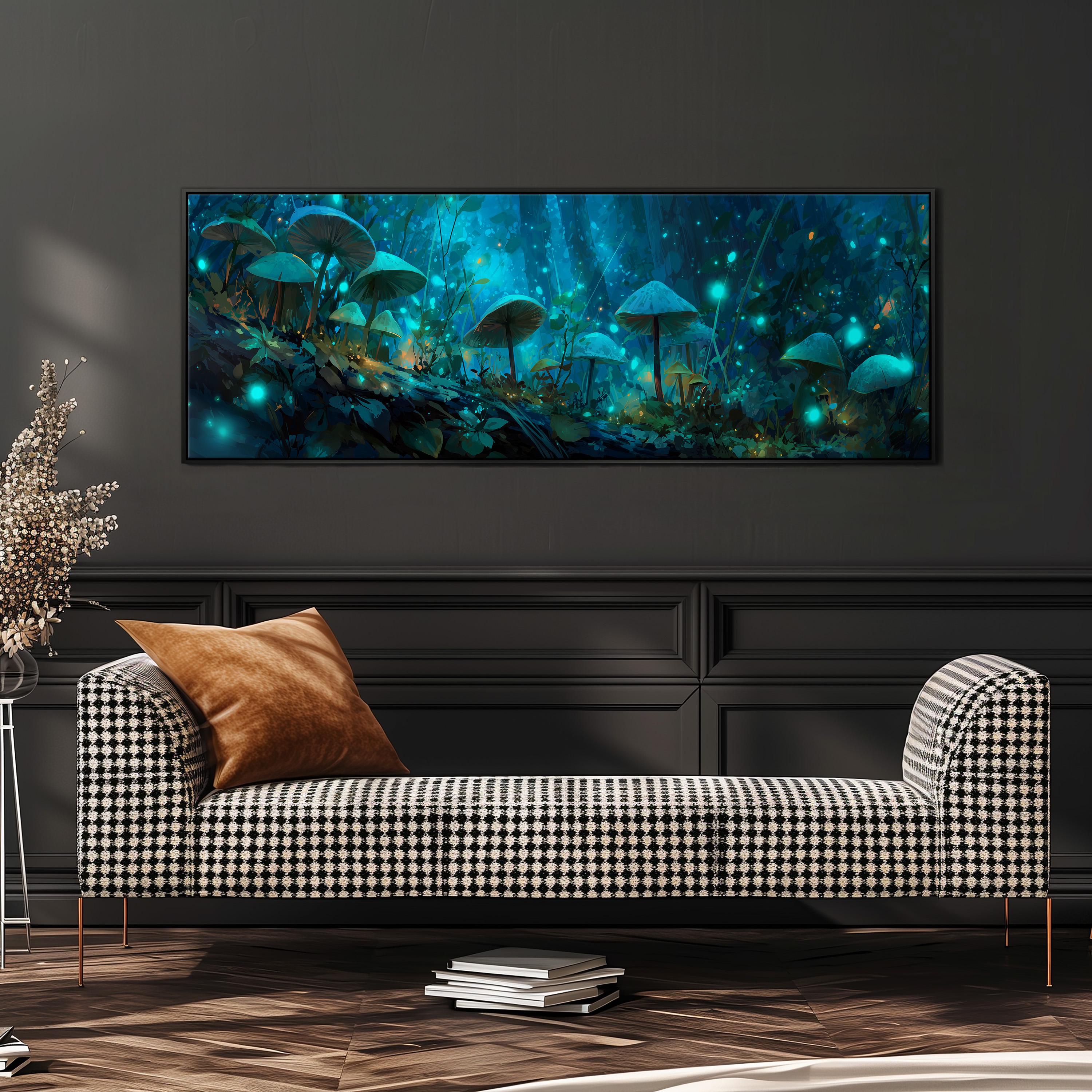 a large, colorful painting of mushrooms and a forest scene hanging on a wall above a black and white checkered sofa in a living room.