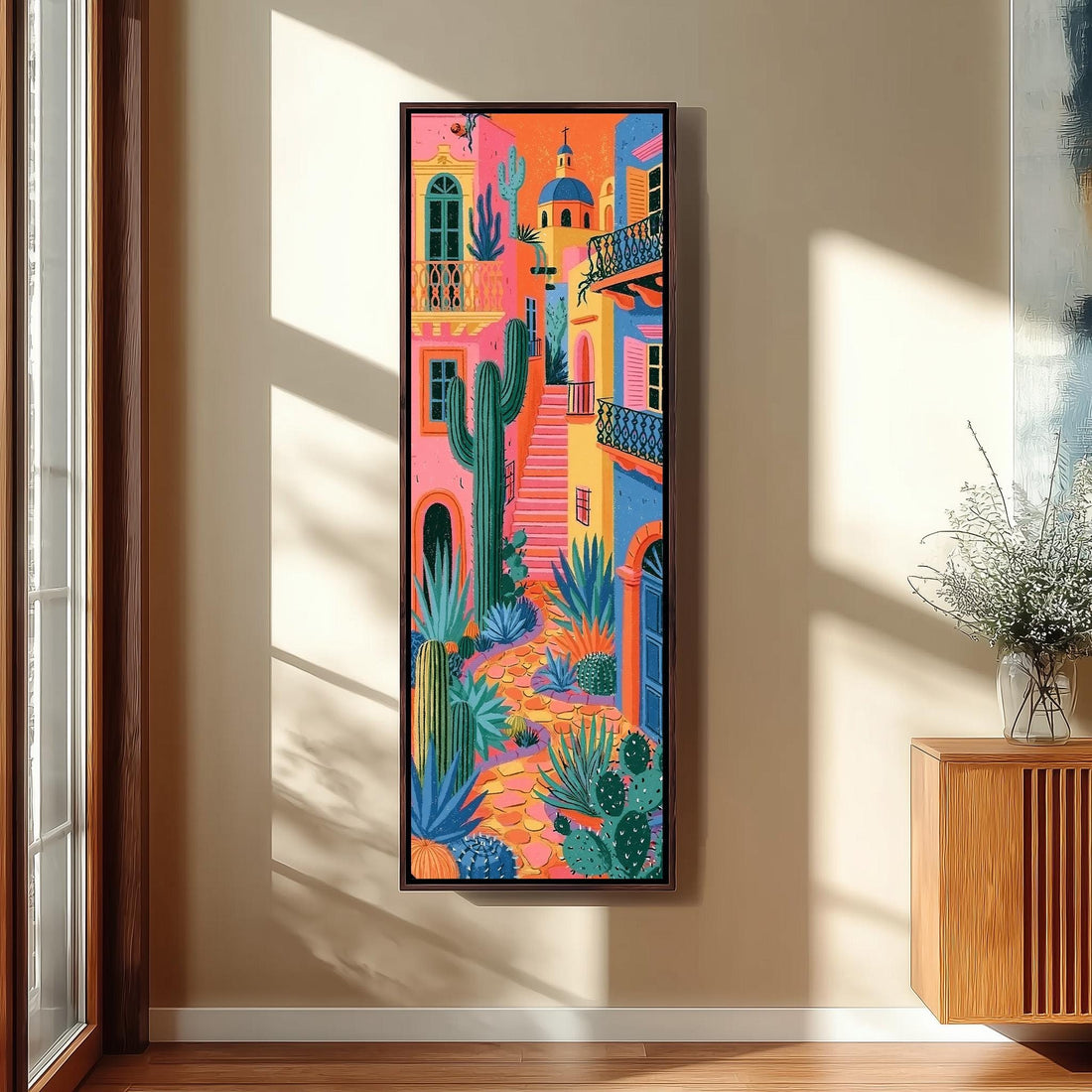 Colorful Mexican alley with cacti long vertical canvas print in a sunlit living space