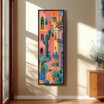 Colorful Mexican alley with cacti long vertical canvas print in a sunlit living space