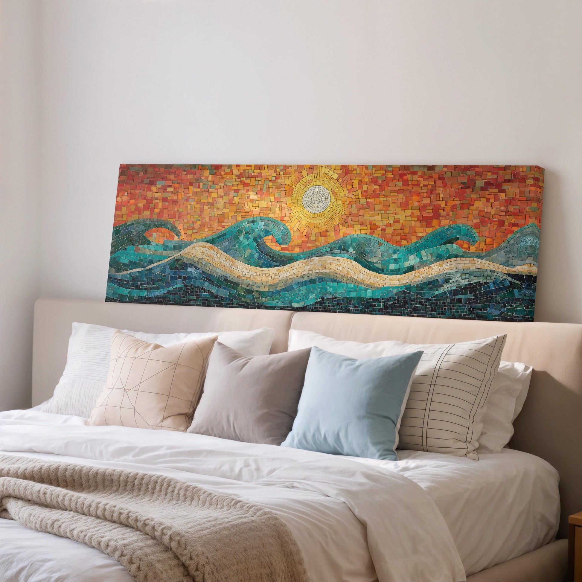 a large, colorful mosaic artwork depicting a seascape with waves and a sun in the background, mounted on a wall above a bed with white bedding.