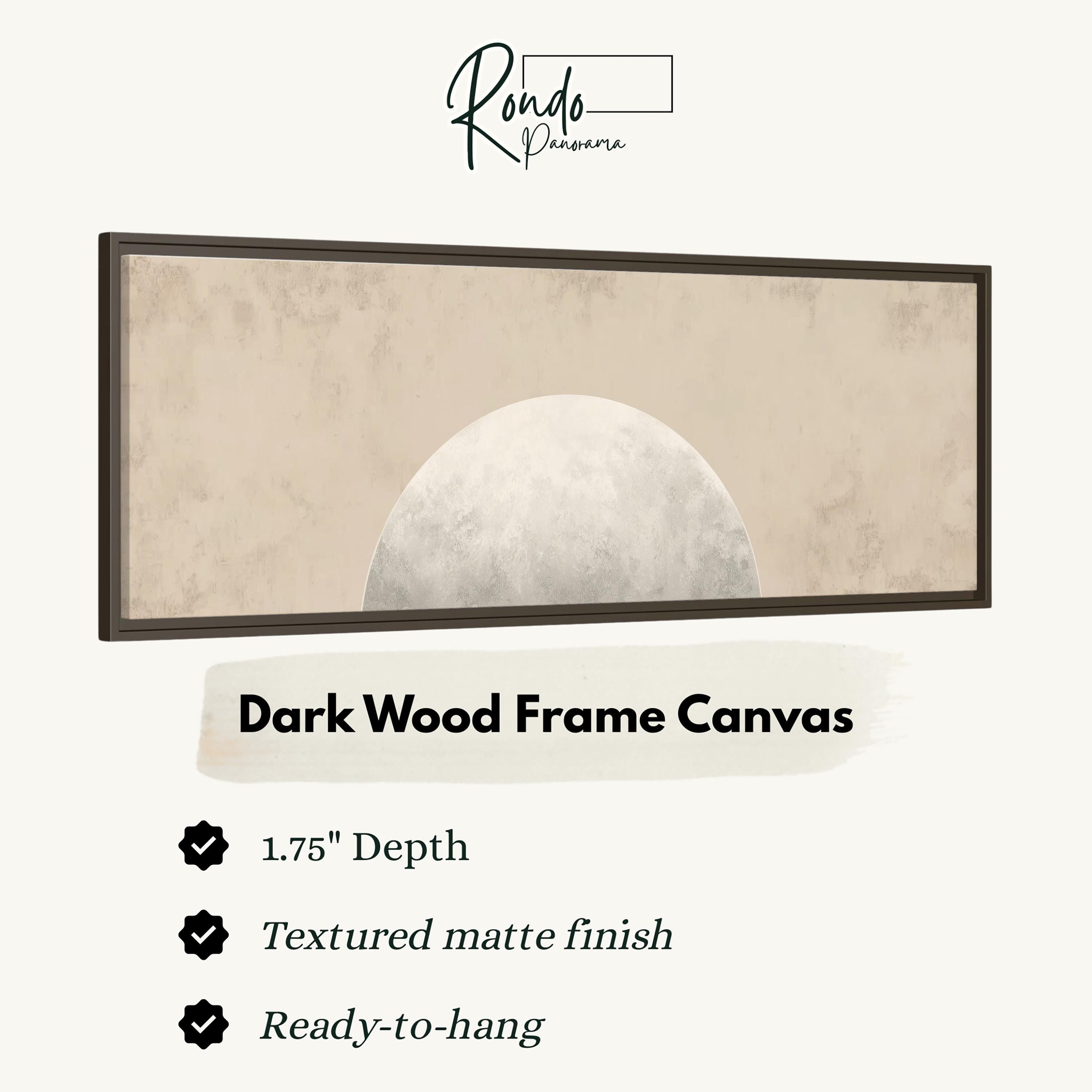 The image is a dark wood frame canvas with a large, textured grey circle on a beige background.