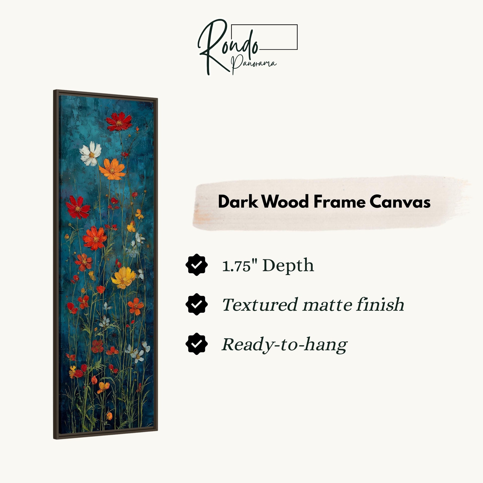 The image is a dark wood frame canvas featuring a vibrant floral design with red, orange, and yellow flowers against a dark blue background.