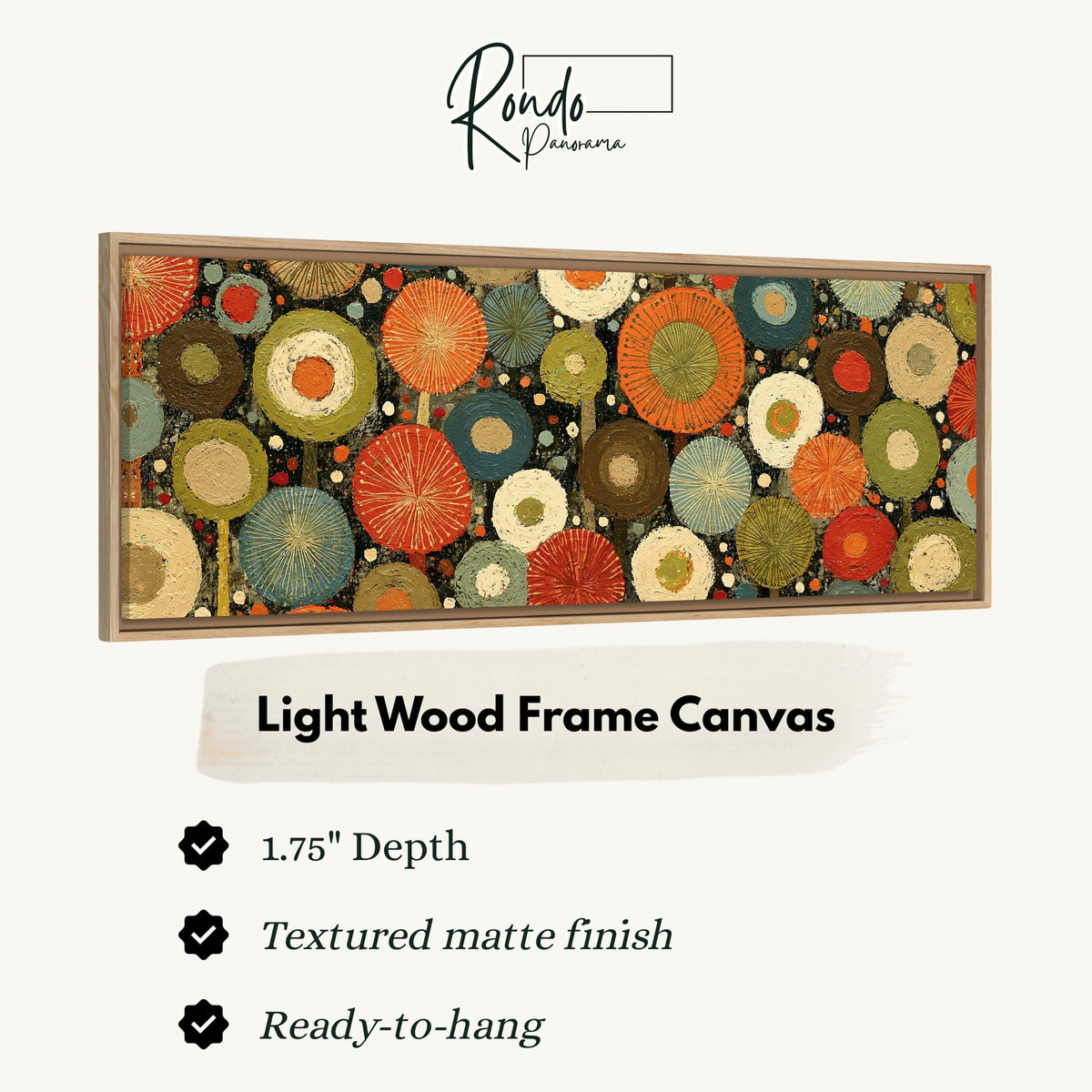 Layered circle dot pattern canvas print in a light wood floating frame