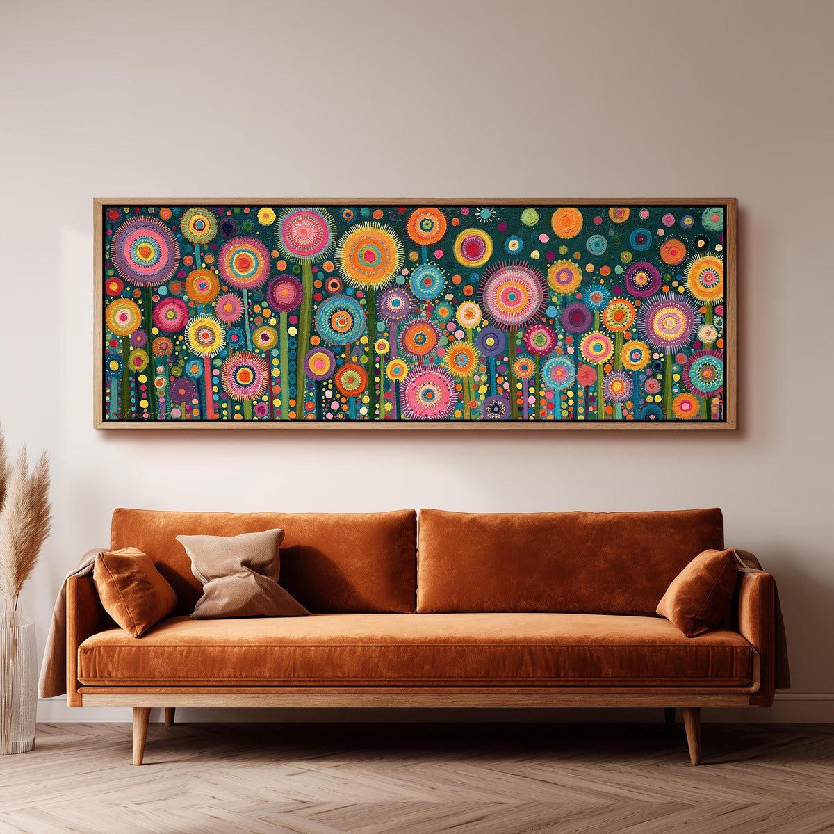 Circle flower garden on teal panoramic canvas print above a sofa in a living room