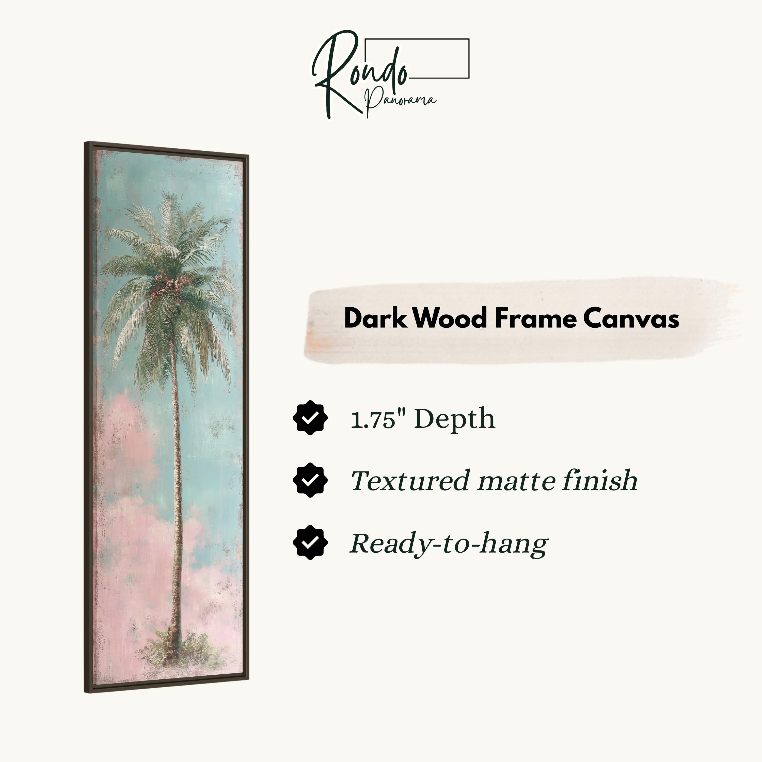 The image is a framed artwork depicting a palm tree with a textured finish. The frame is described as a "Dark Wood Frame Canvas" with a depth of 1.75" and a textured matte finish. It is ready to hang.