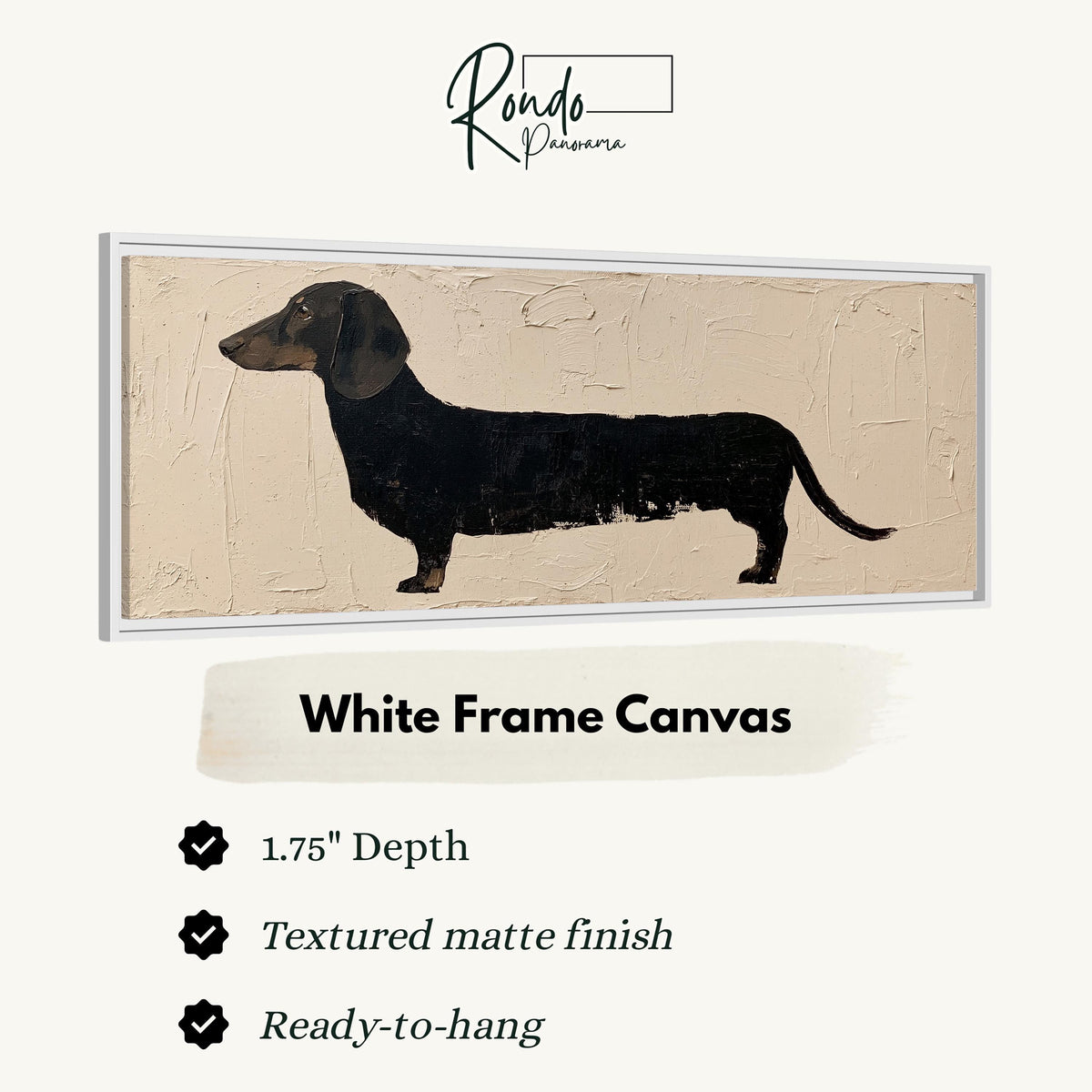 Black dachshund silhouette canvas print in a white floating frame