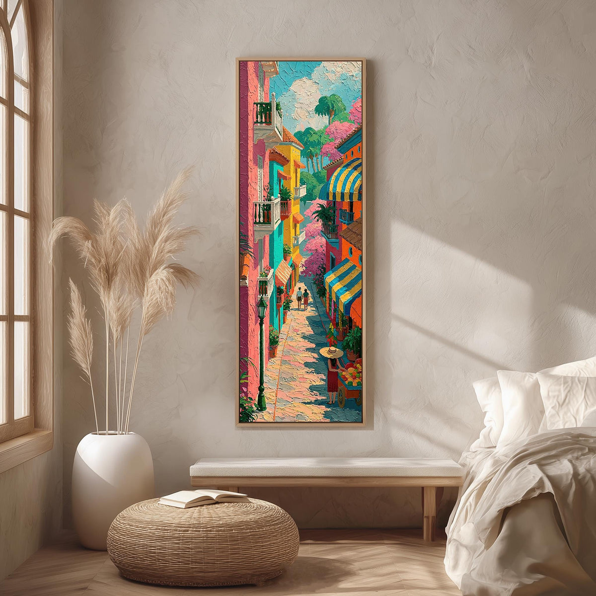 Colorful street with balconies and awnings long vertical canvas print in a bright reading corner