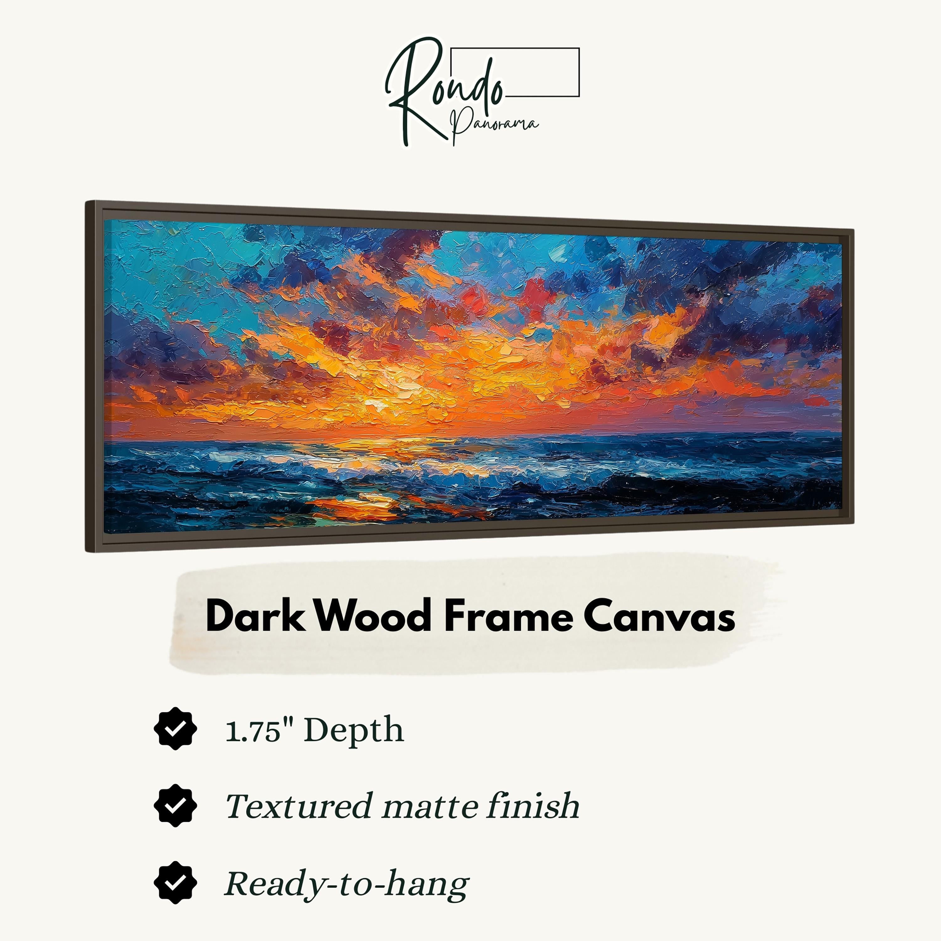 The image is a framed artwork depicting a sunset over the ocean.