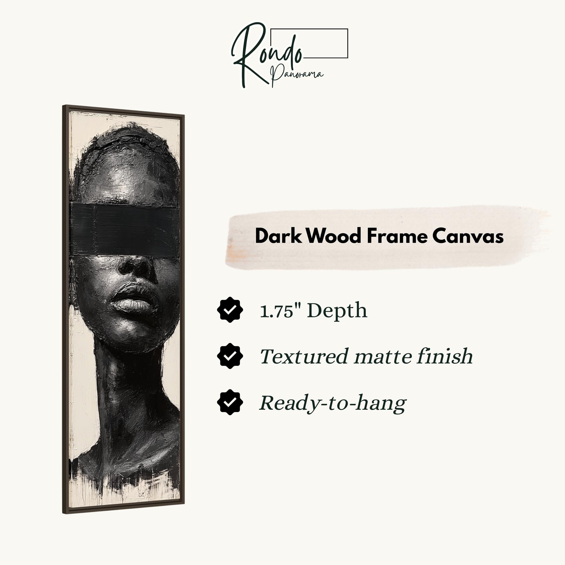 The image is a black and white portrait of a person's face, with a dark wood frame.