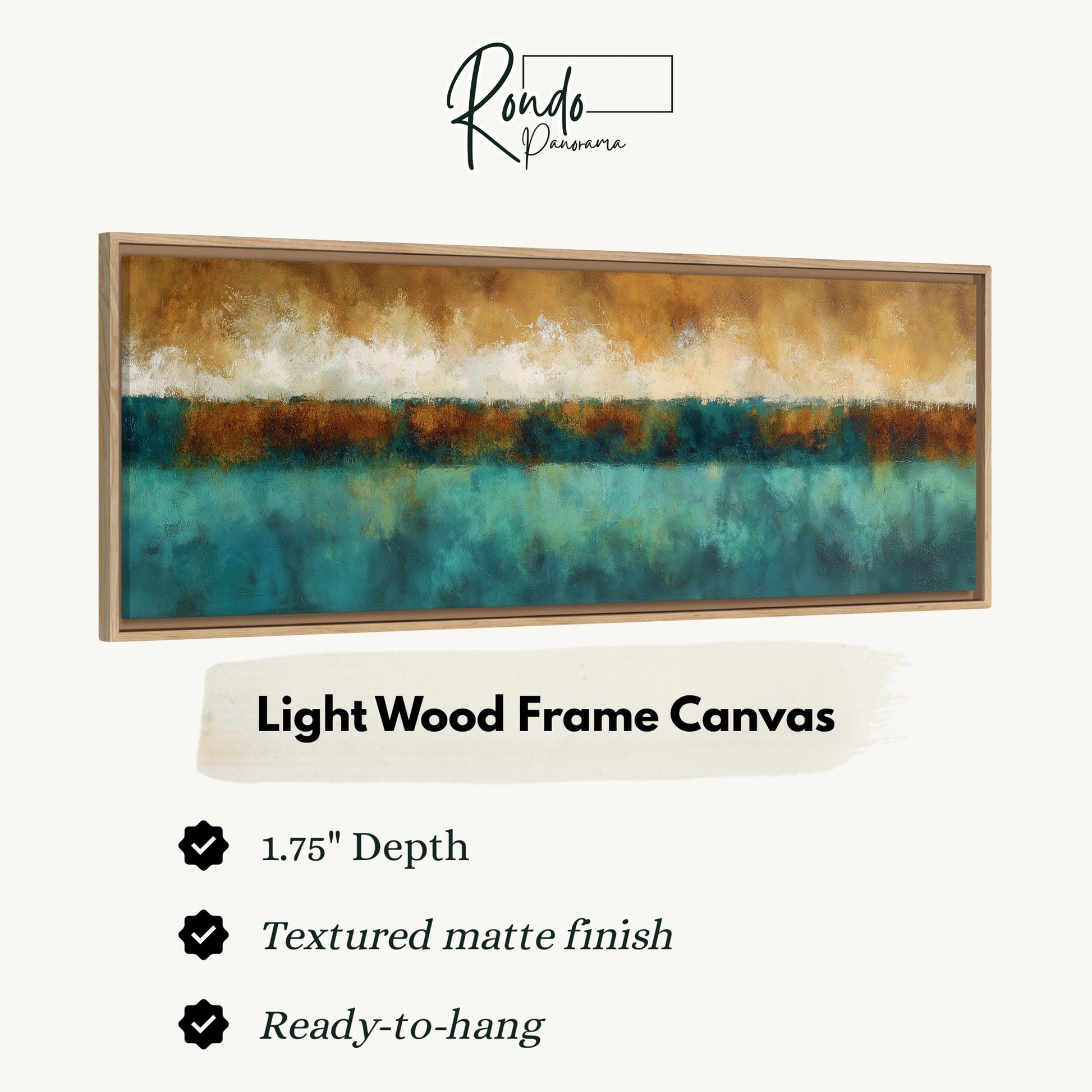 The image is a product advertisement for a light wood frame canvas. It features a painting of a landscape with a blue sky and green water. The advertisement highlights the canvas's 1.75" depth, textured matte finish, and its readiness to hang.