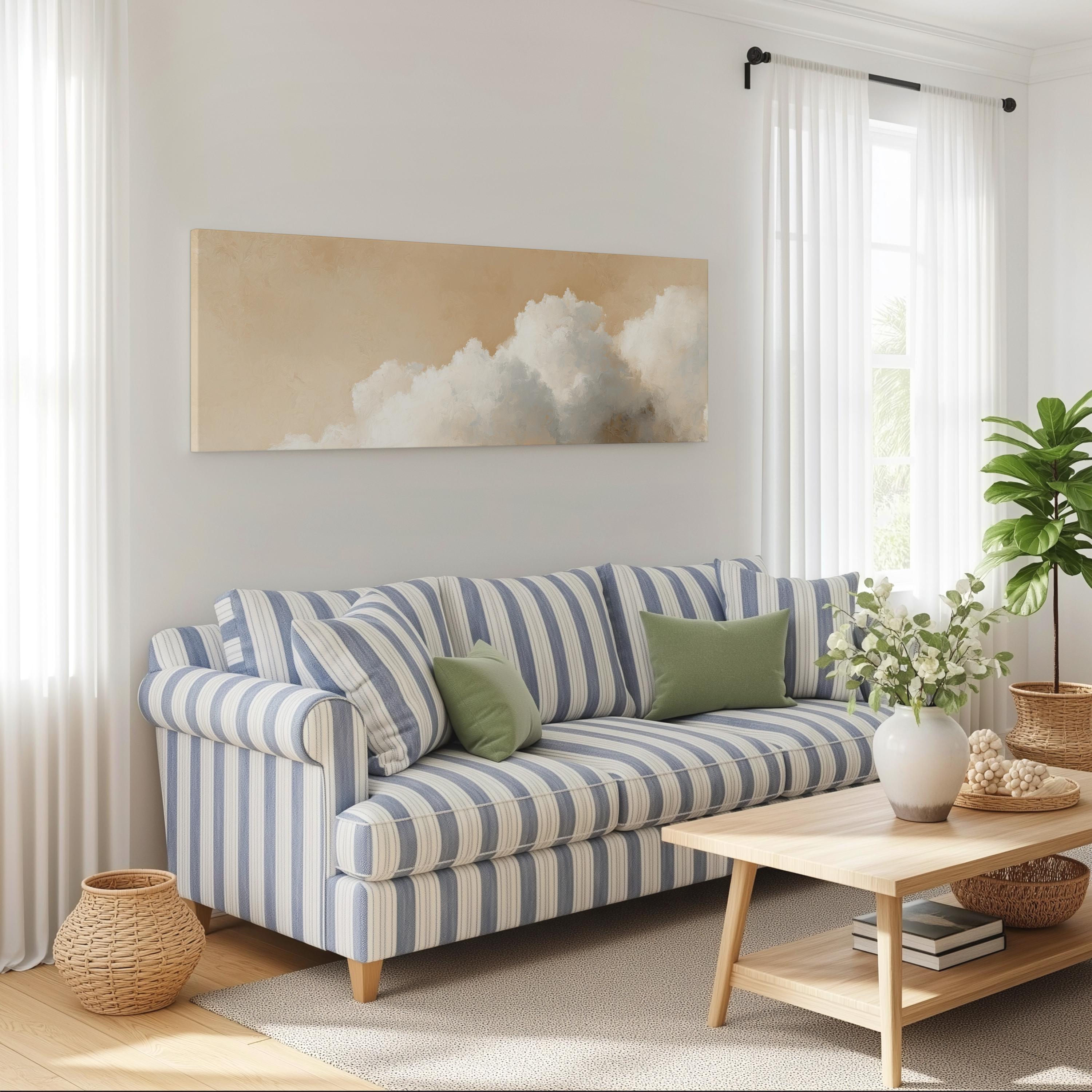 a cozy living room with a striped blue and white sofa, a wooden coffee table, and a large window with white curtains. A painting of clouds hangs on the wall above the sofa, and a potted plant is placed on the coffee table.