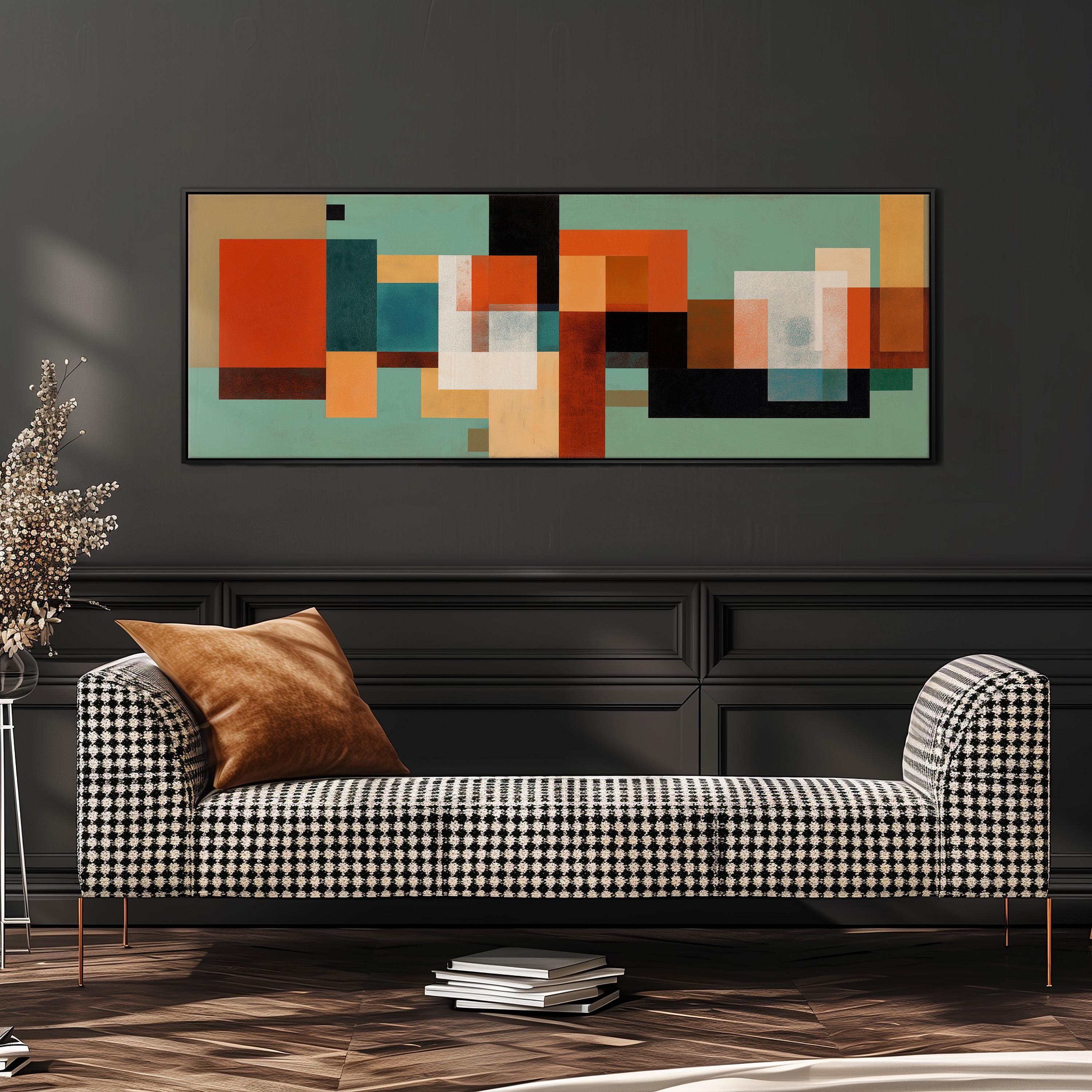 a modern living room with a black and white checkered sofa, a stack of books, and a large abstract painting on the wall.
