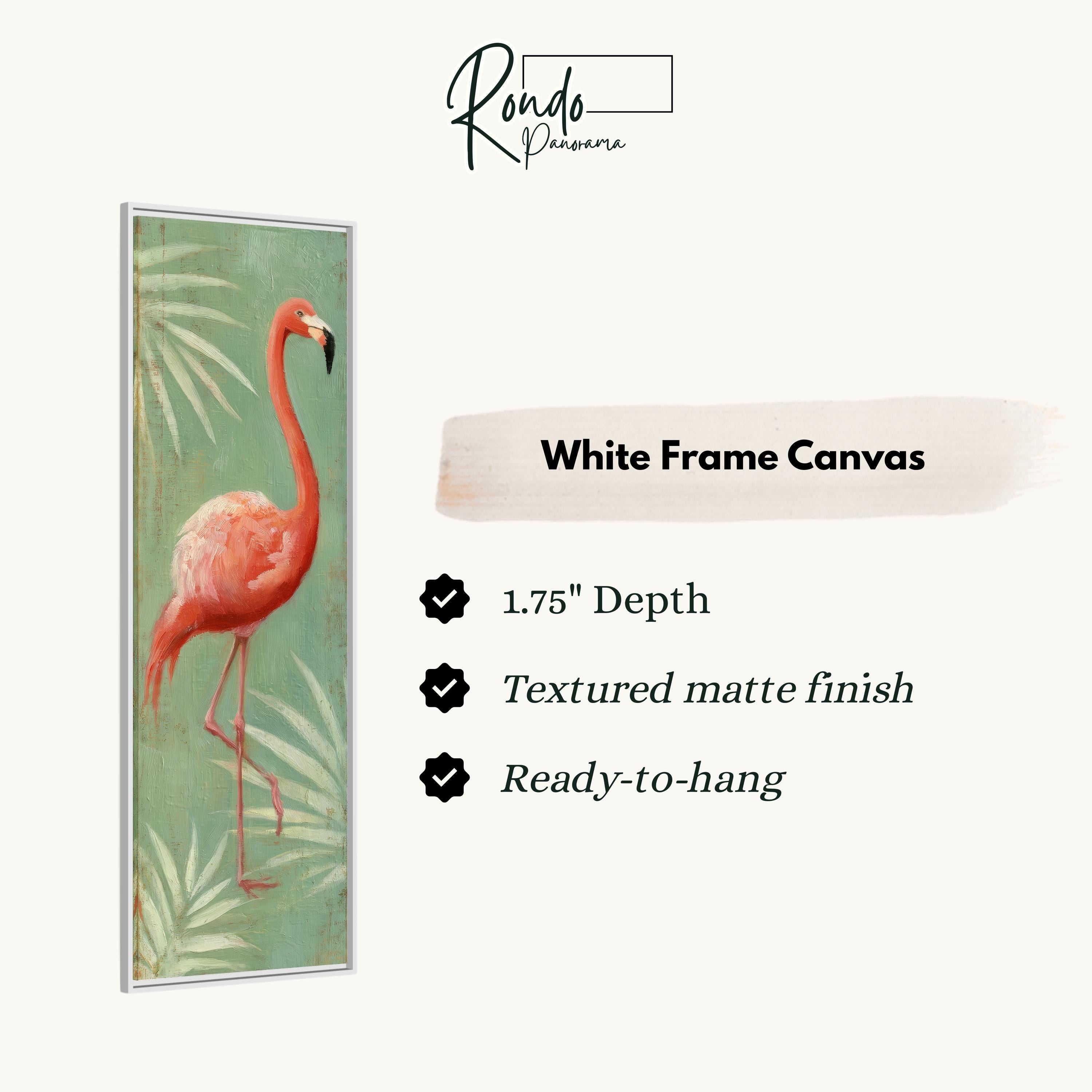 a white frame canvas with a vibrant painting of a flamingo on a green background.