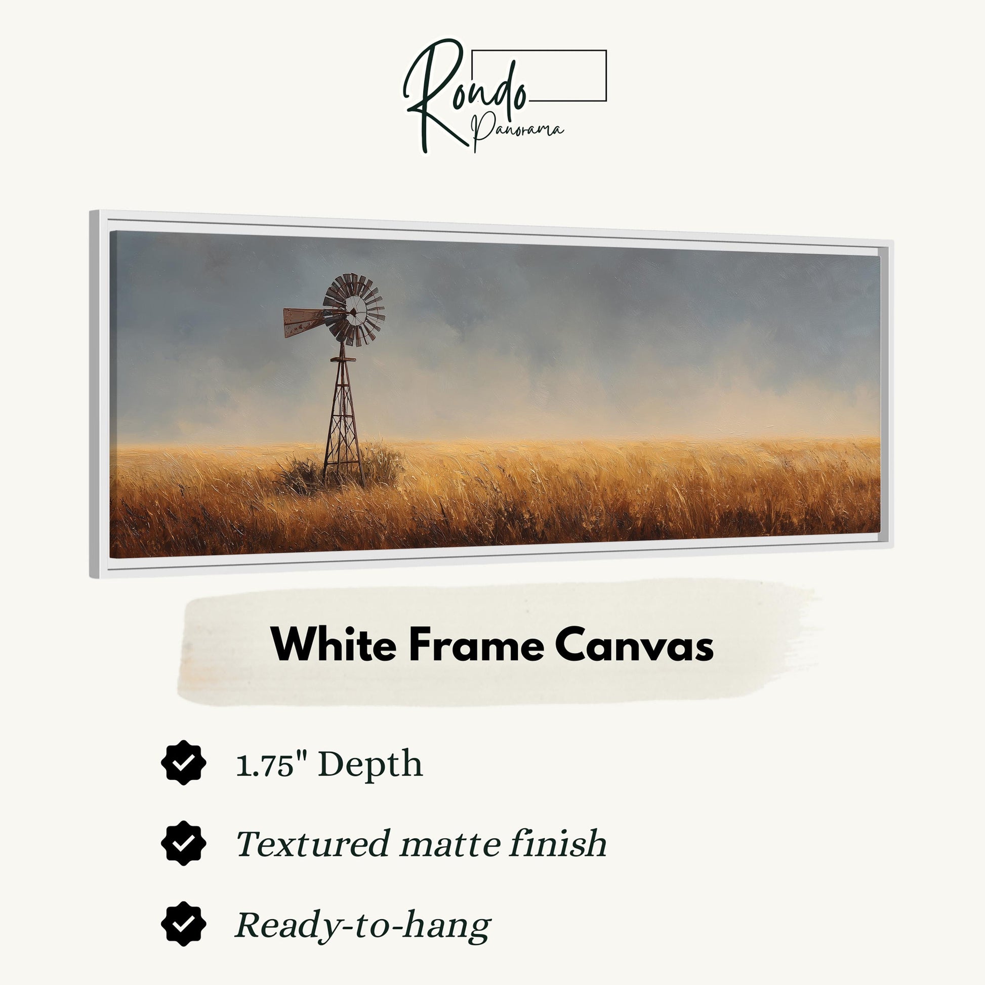 The image is a white frame canvas depicting a windmill in a field of tall grass.