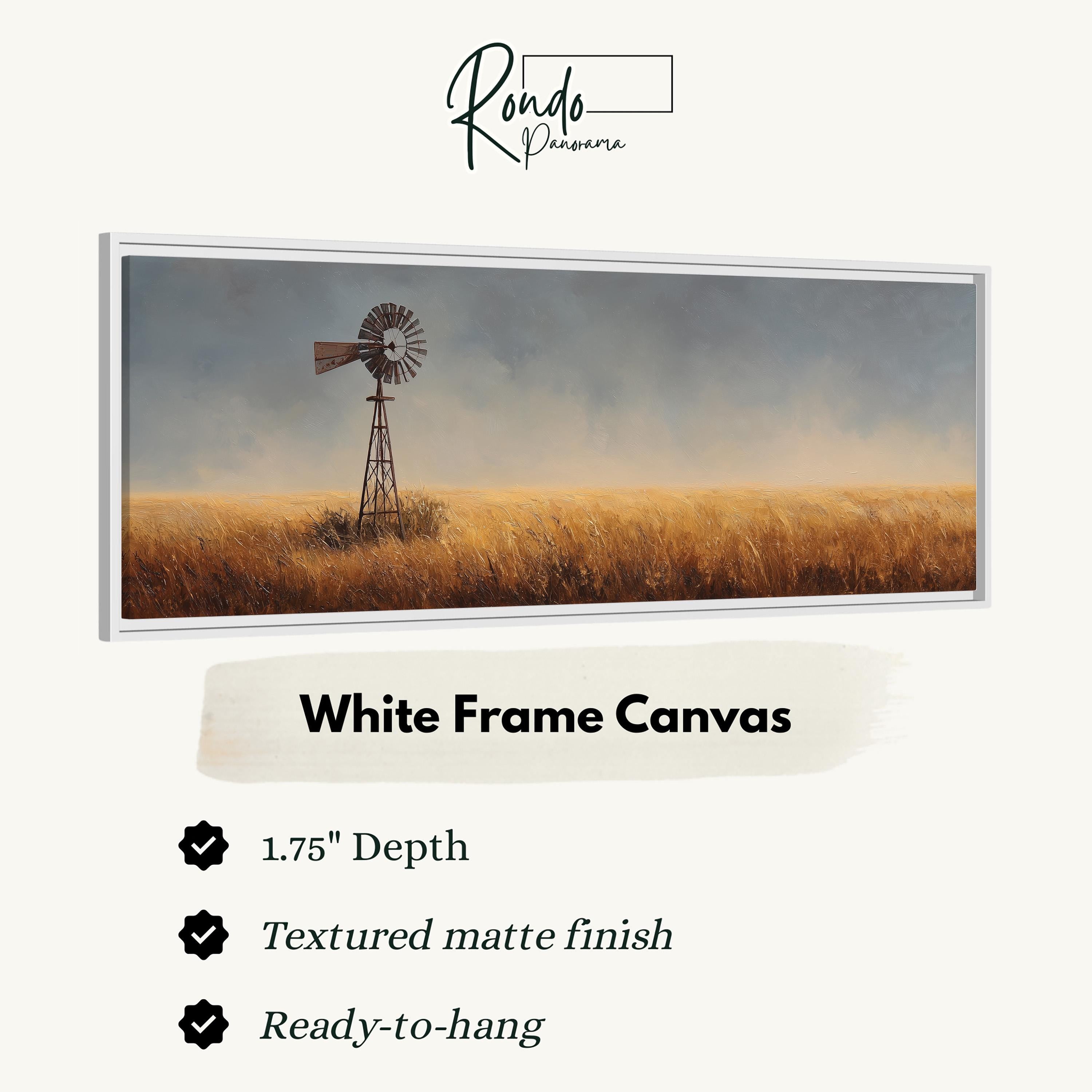 The image is a white frame canvas depicting a windmill in a field of tall grass.