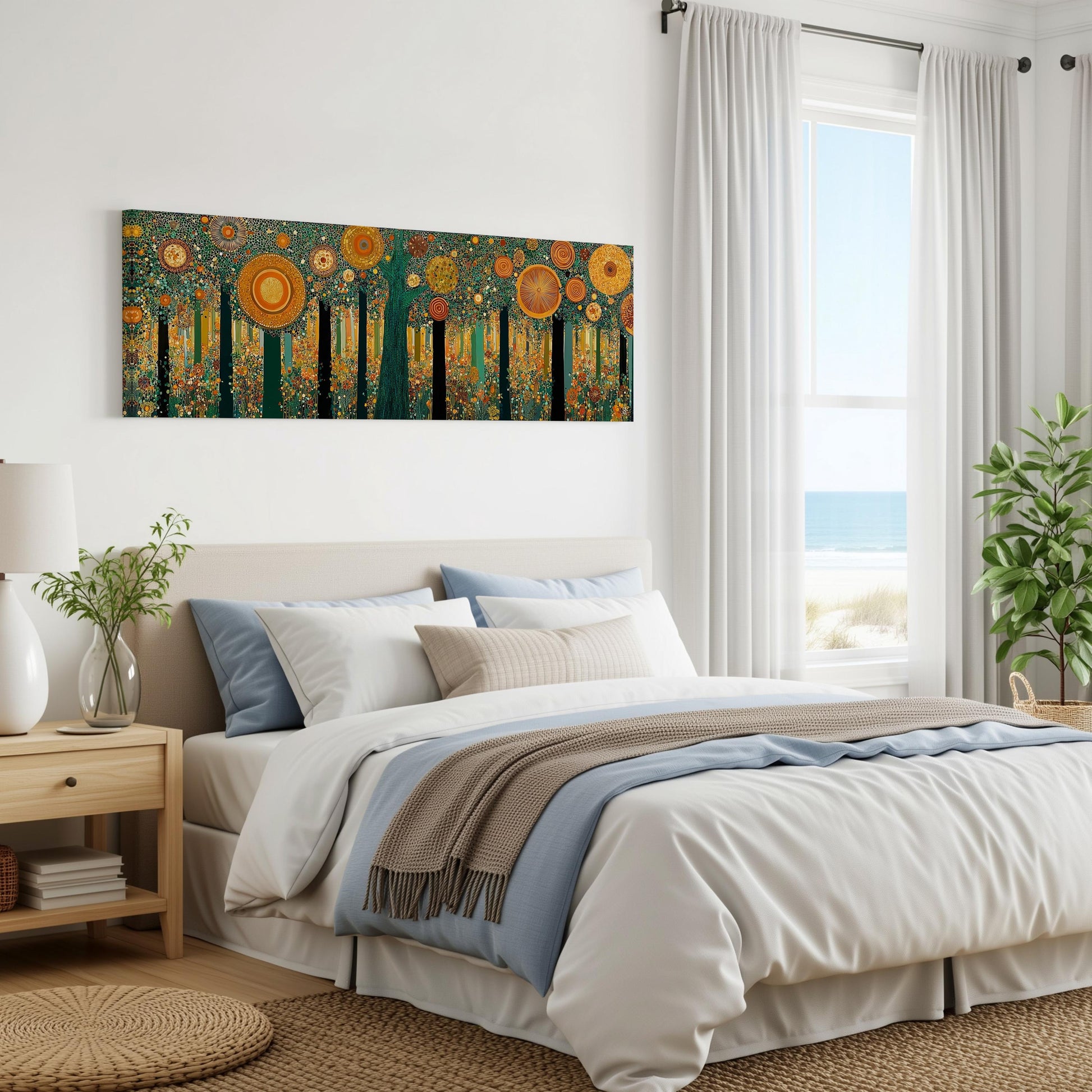 a serene bedroom with a large bed, a nightstand, and a painting of a forest scene on the wall. The room has a calming and peaceful atmosphere, with natural elements like plants and a view of the ocean through the window.