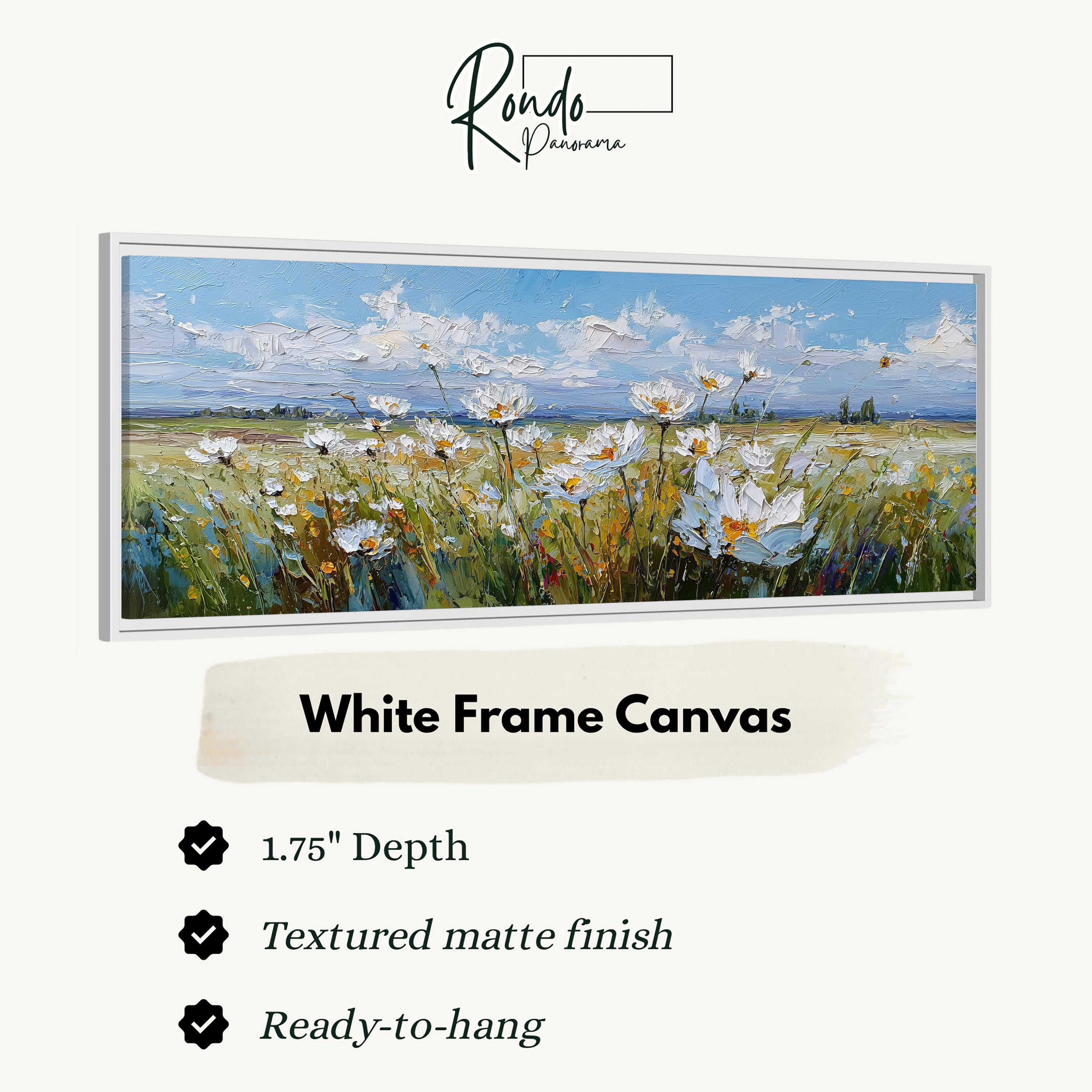 The image is a white frame canvas depicting a field of flowers with a blue sky in the background.