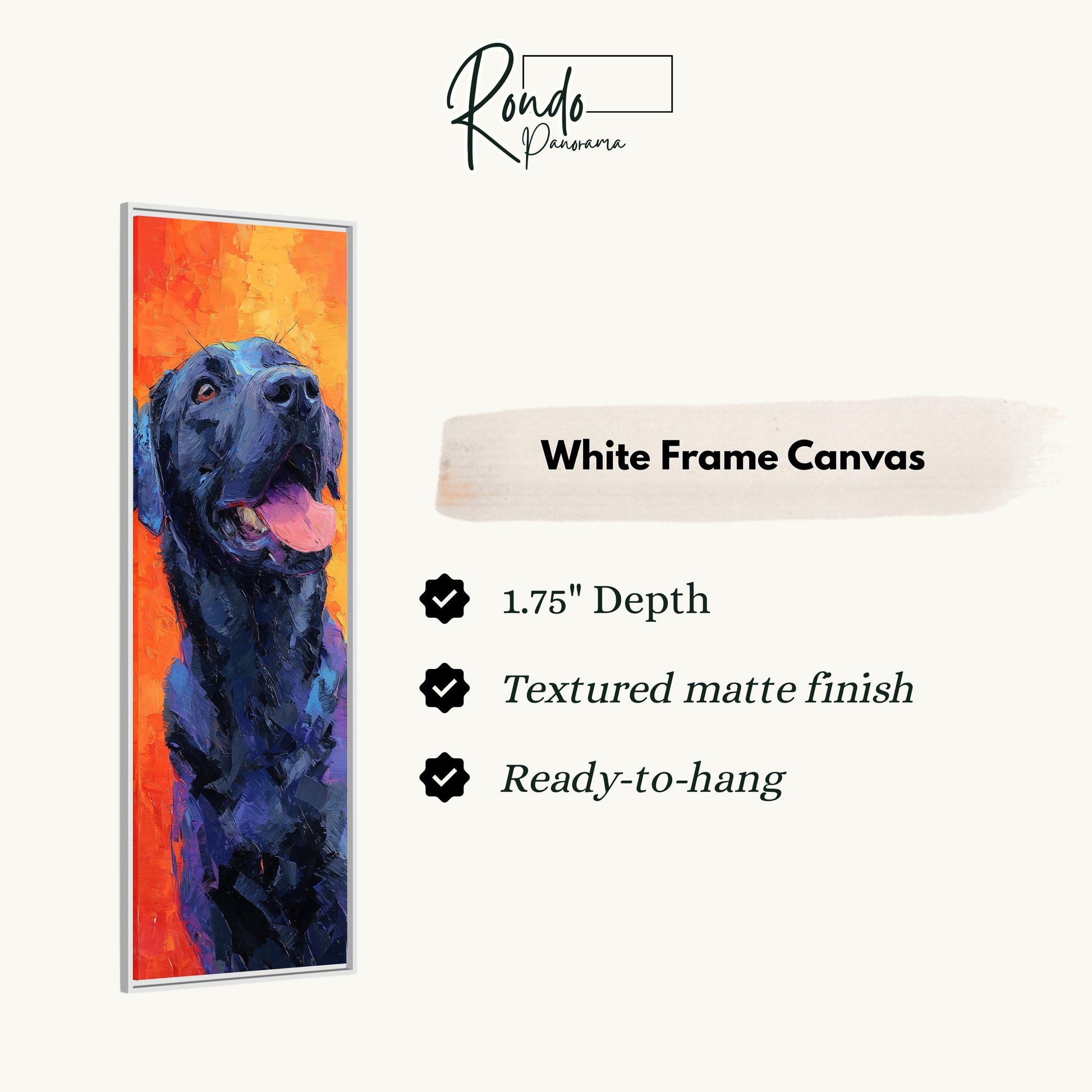 The image is a white frame canvas featuring a black dog with an orange background.