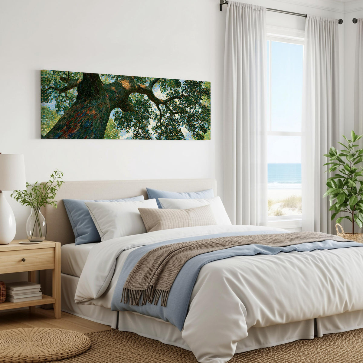 Looking up into an oak canopy panoramic canvas print above a bed in a coastal bedroom
