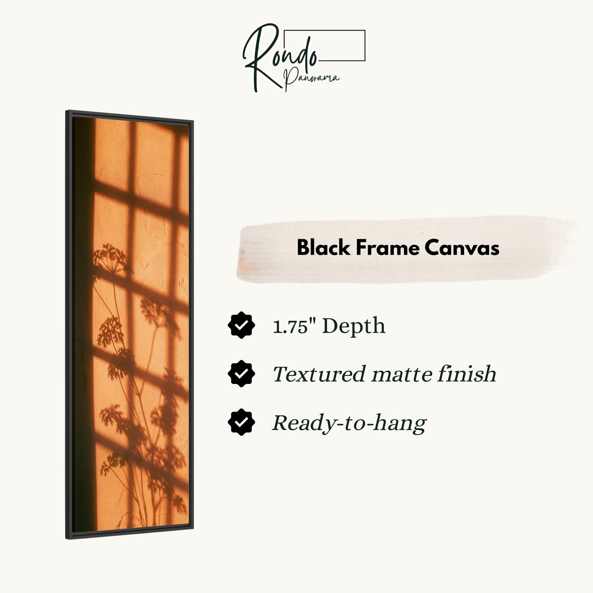 Window grid and plant shadow on a terracotta wall canvas print in a black floating frame
