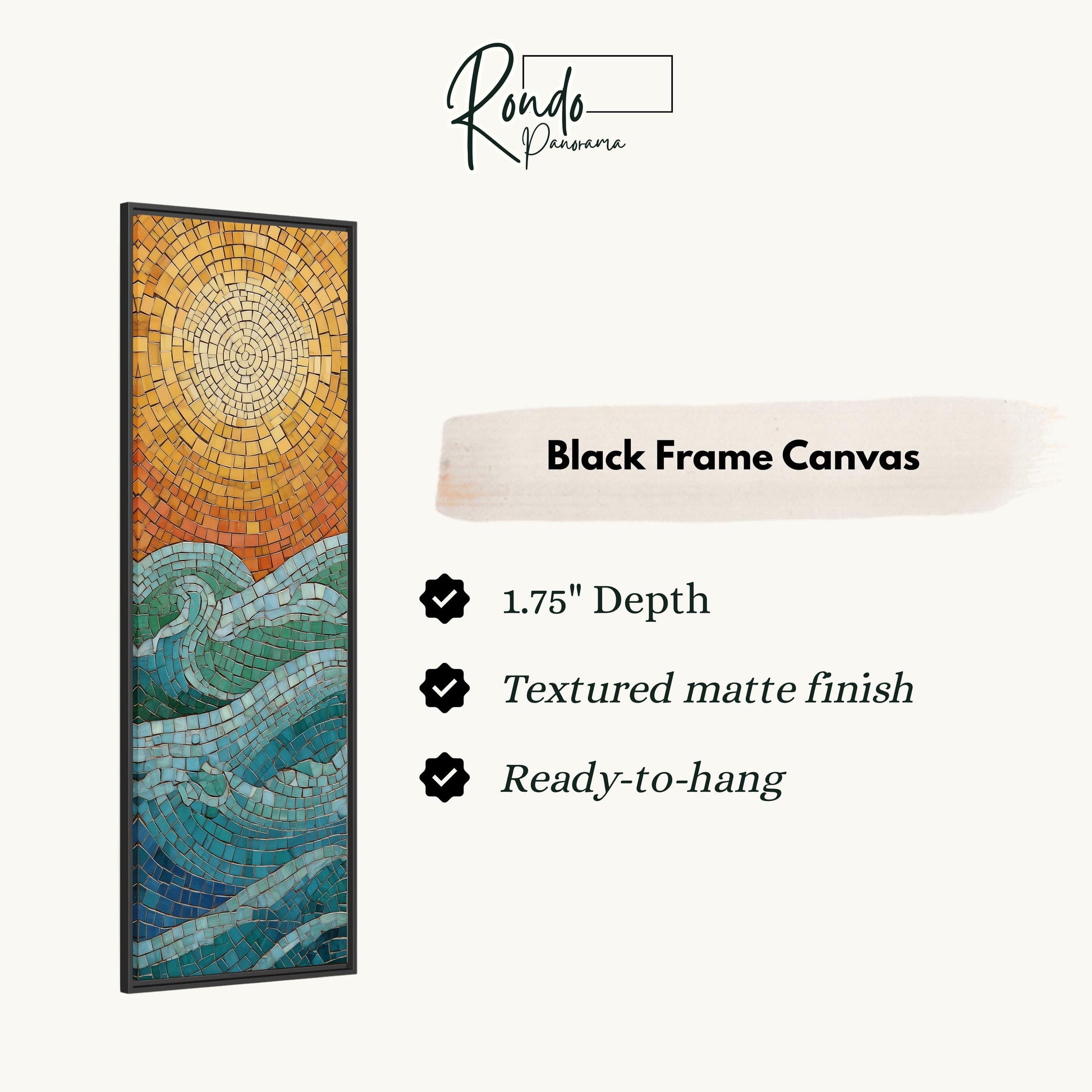 The image is a black frame canvas with a mosaic design depicting a sunset over the ocean.