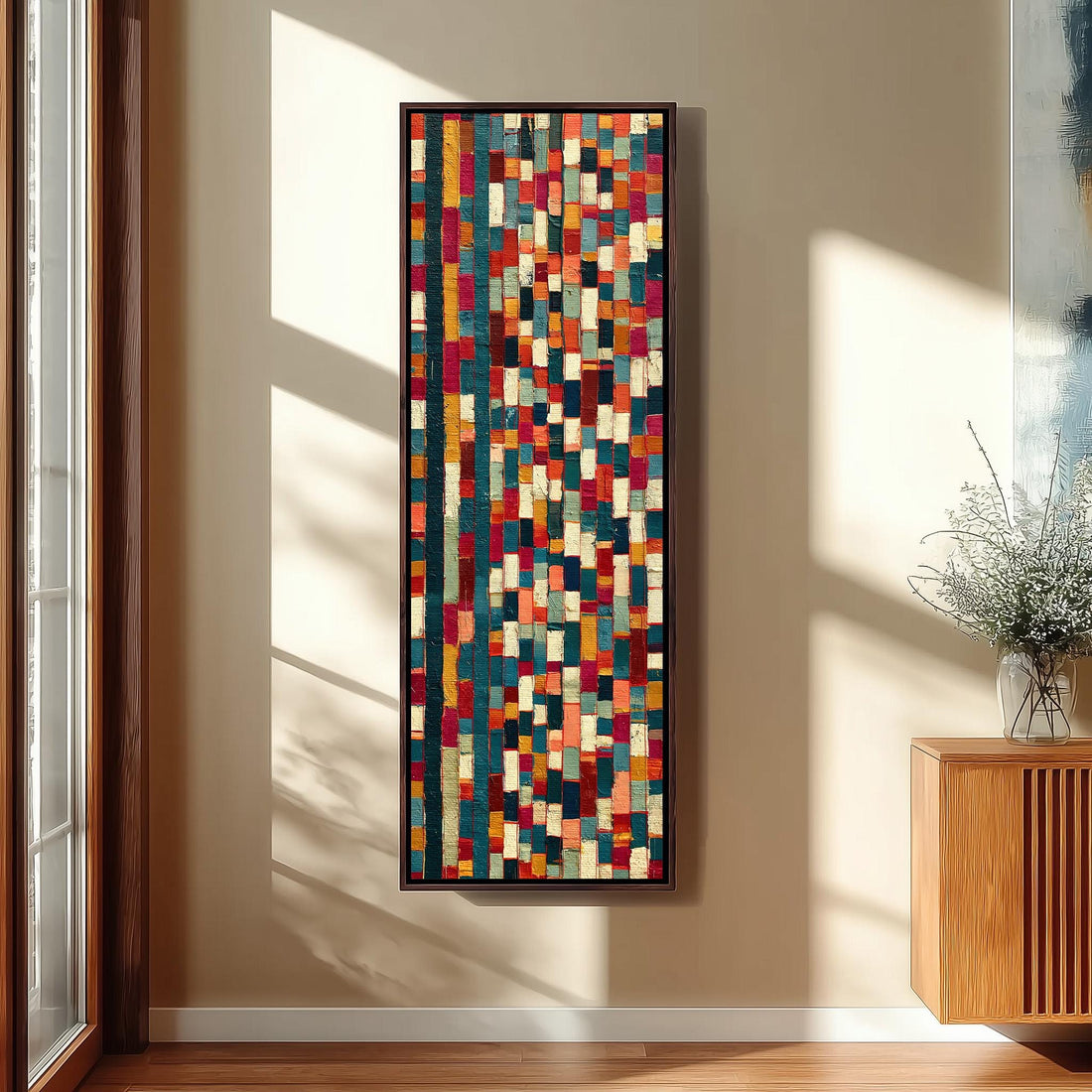 Dense mosaic tiles in teal, orange and red long vertical canvas print in a sunlit living space