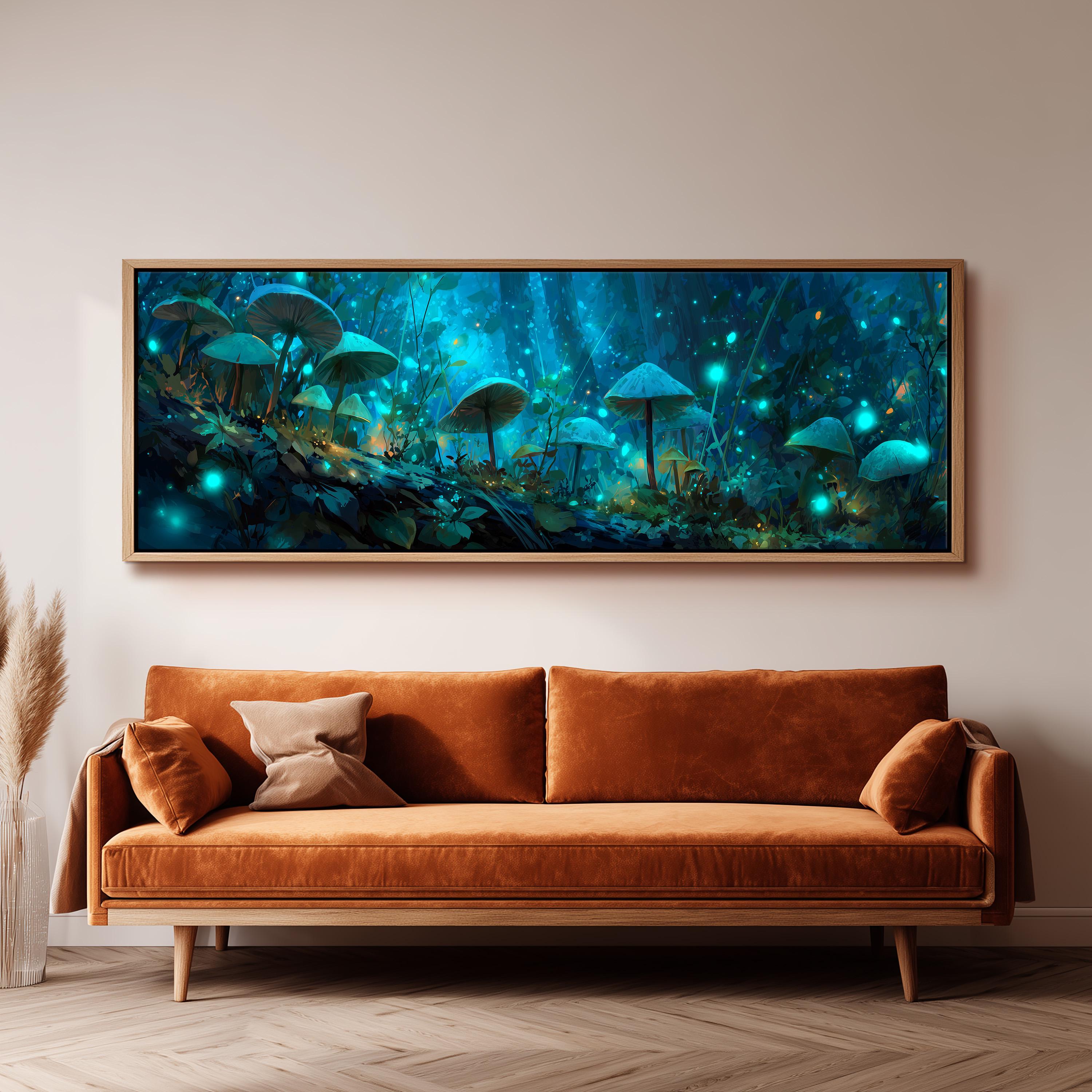a large, framed painting of a forest scene with mushrooms and glowing mushrooms, hanging on a wall above a brown sofa.