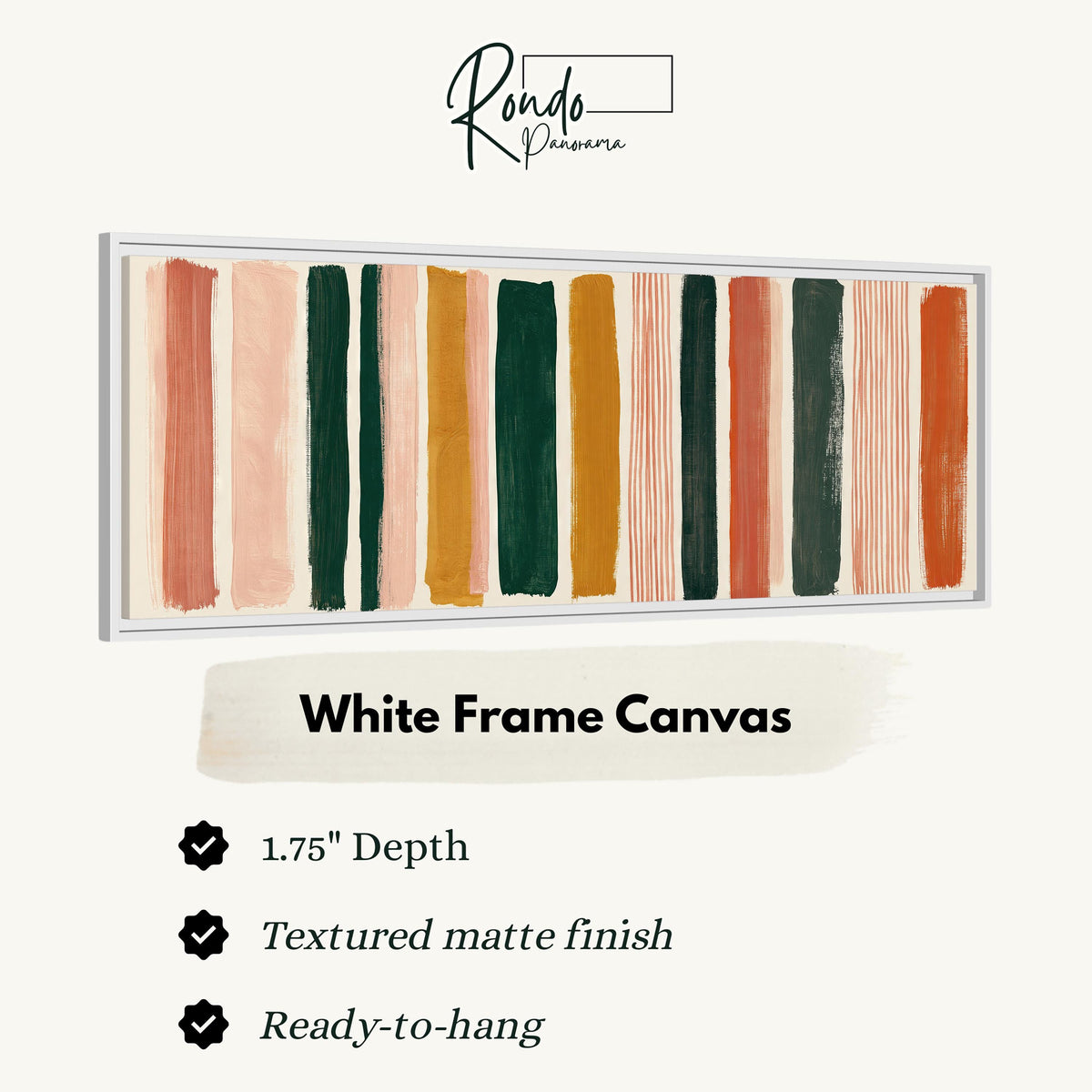 Mixed stripe blocks in terracotta, pink and green canvas print in a white floating frame