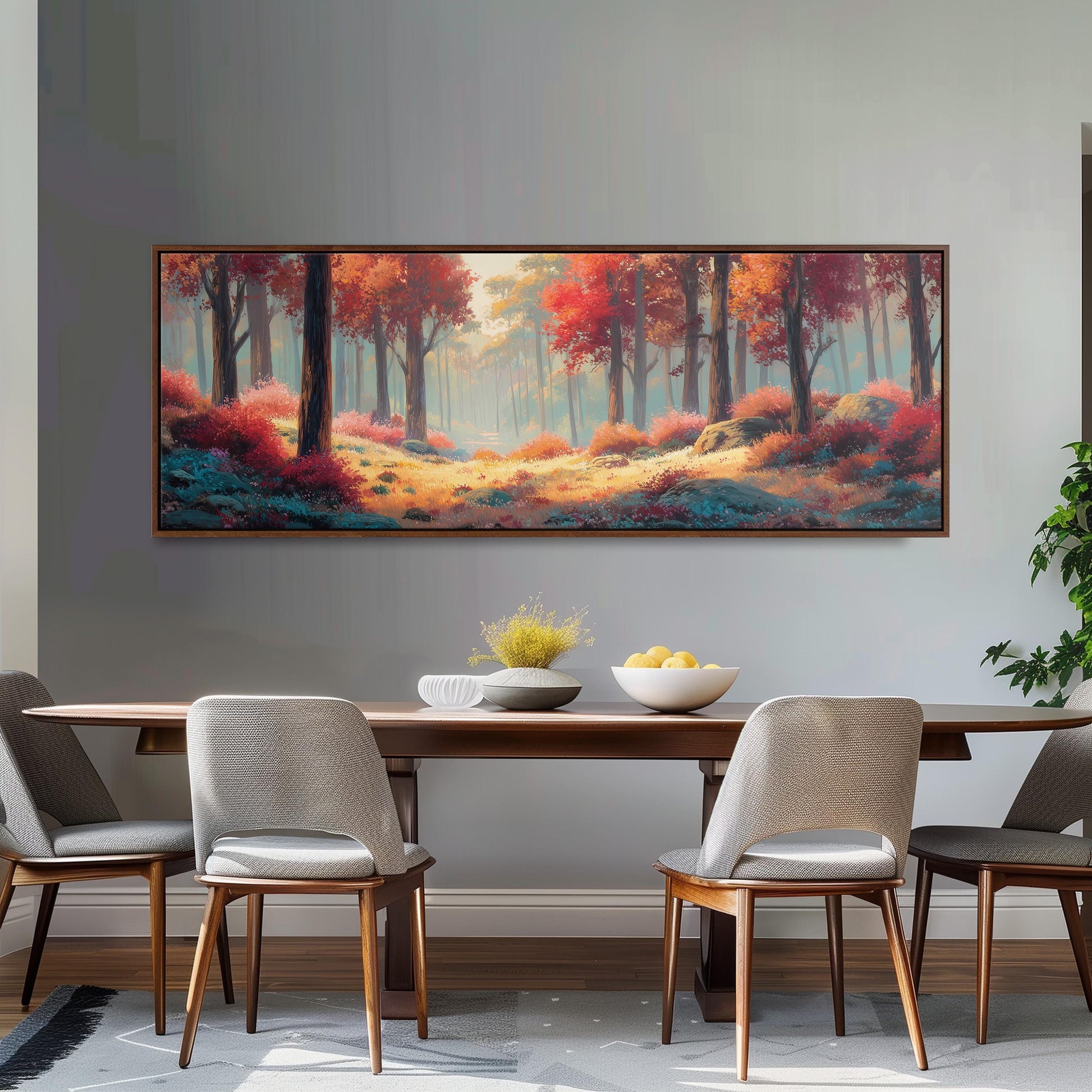 a large painting of a forest scene hanging on a wall above a wooden dining table with four chairs. The painting depicts a serene and colorful forest landscape with trees, bushes, and a path winding through the scene.