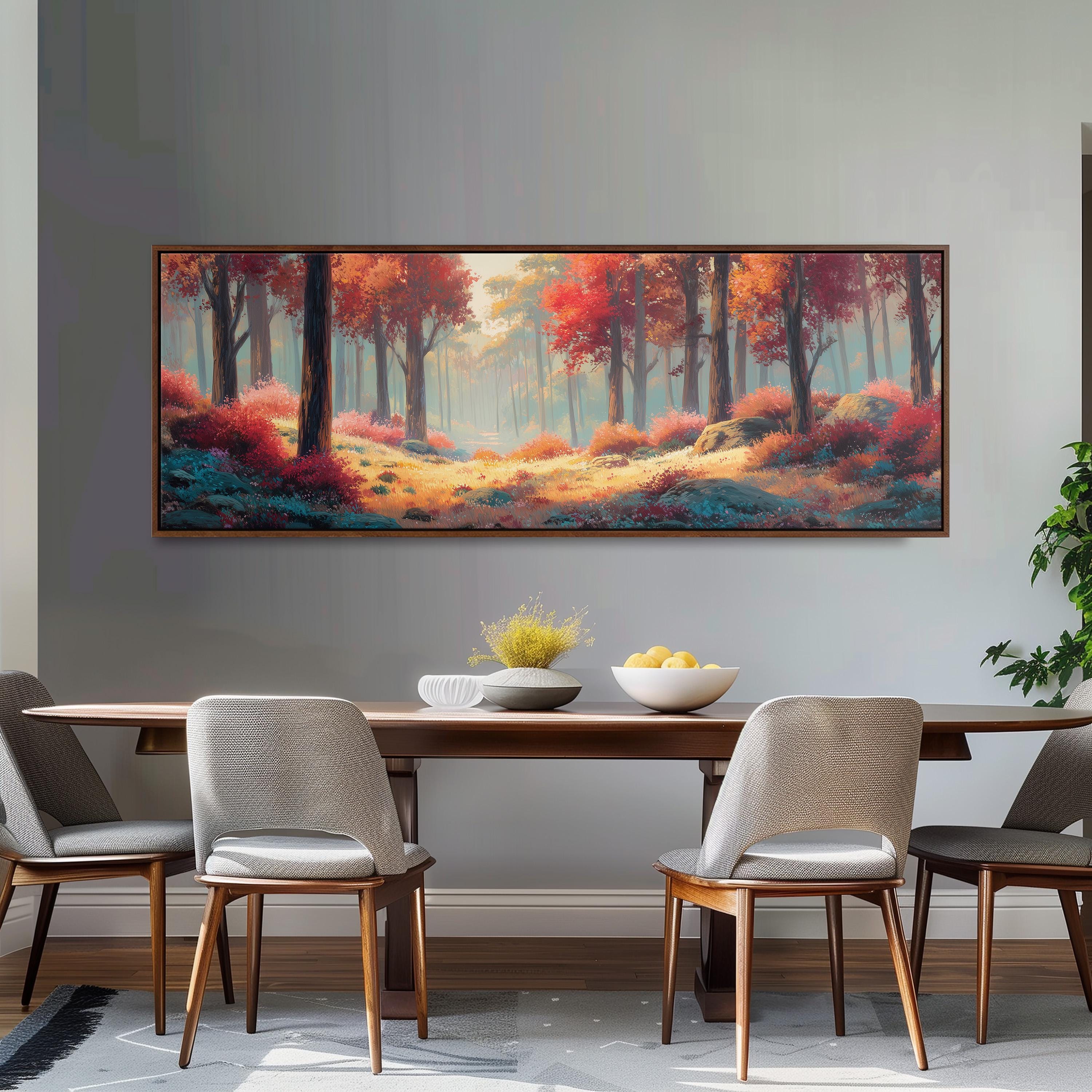 a large painting of a forest scene hanging on a wall above a wooden dining table with four chairs. The painting depicts a serene and colorful forest landscape with trees, bushes, and a path winding through the scene.