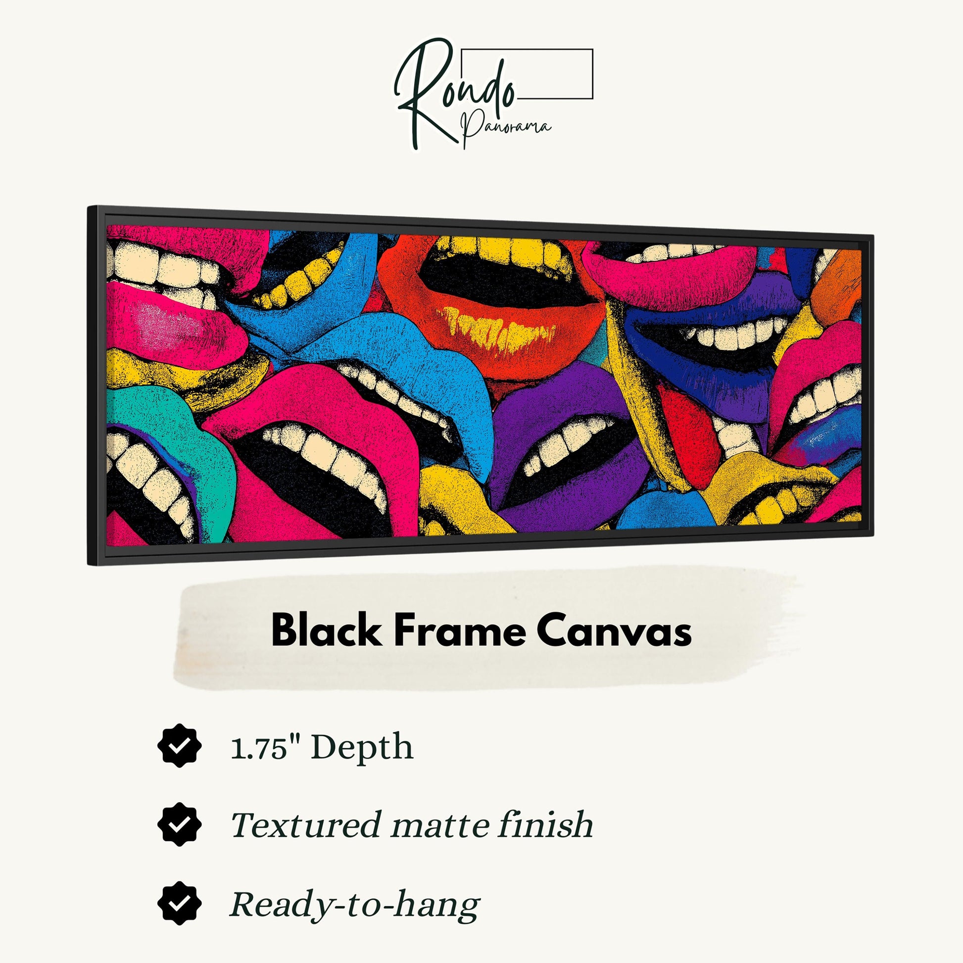 The image is a black frame canvas featuring a vibrant collage of colorful lips in various shades of pink, blue, yellow, and purple.
