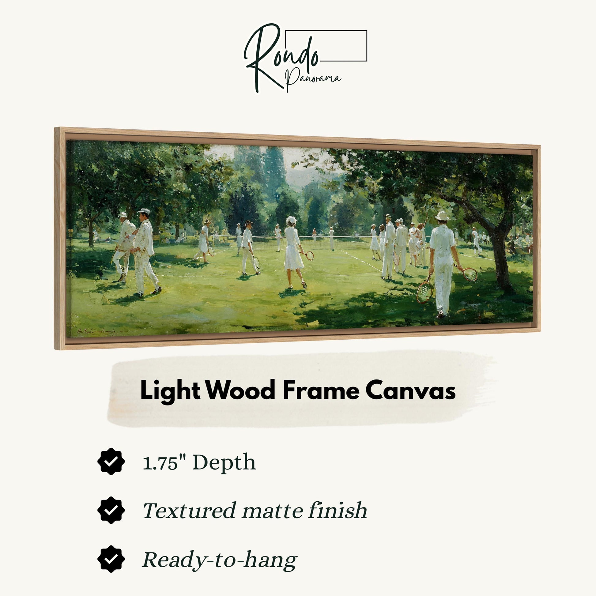 The image is a framed painting depicting a group of people playing tennis on a grassy court.